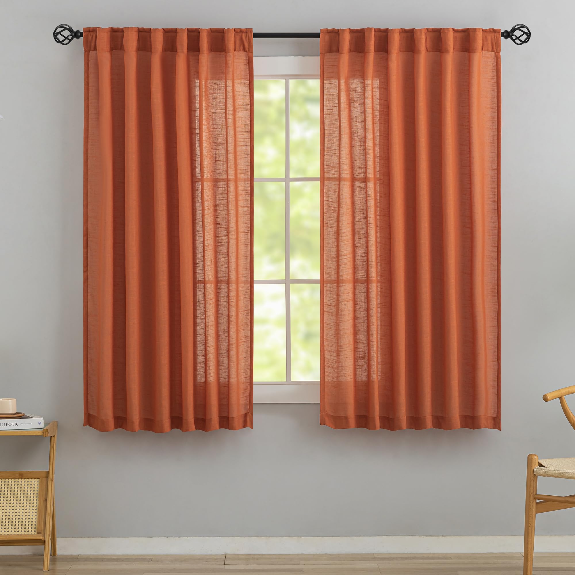 DONREN Burnt Orange Linen Back Tab Curtains 72 Inches Long 2 Panels Set for Guest Room - Modern Country Rod Pocket Semi Sheer Privacy Drapes Hooks