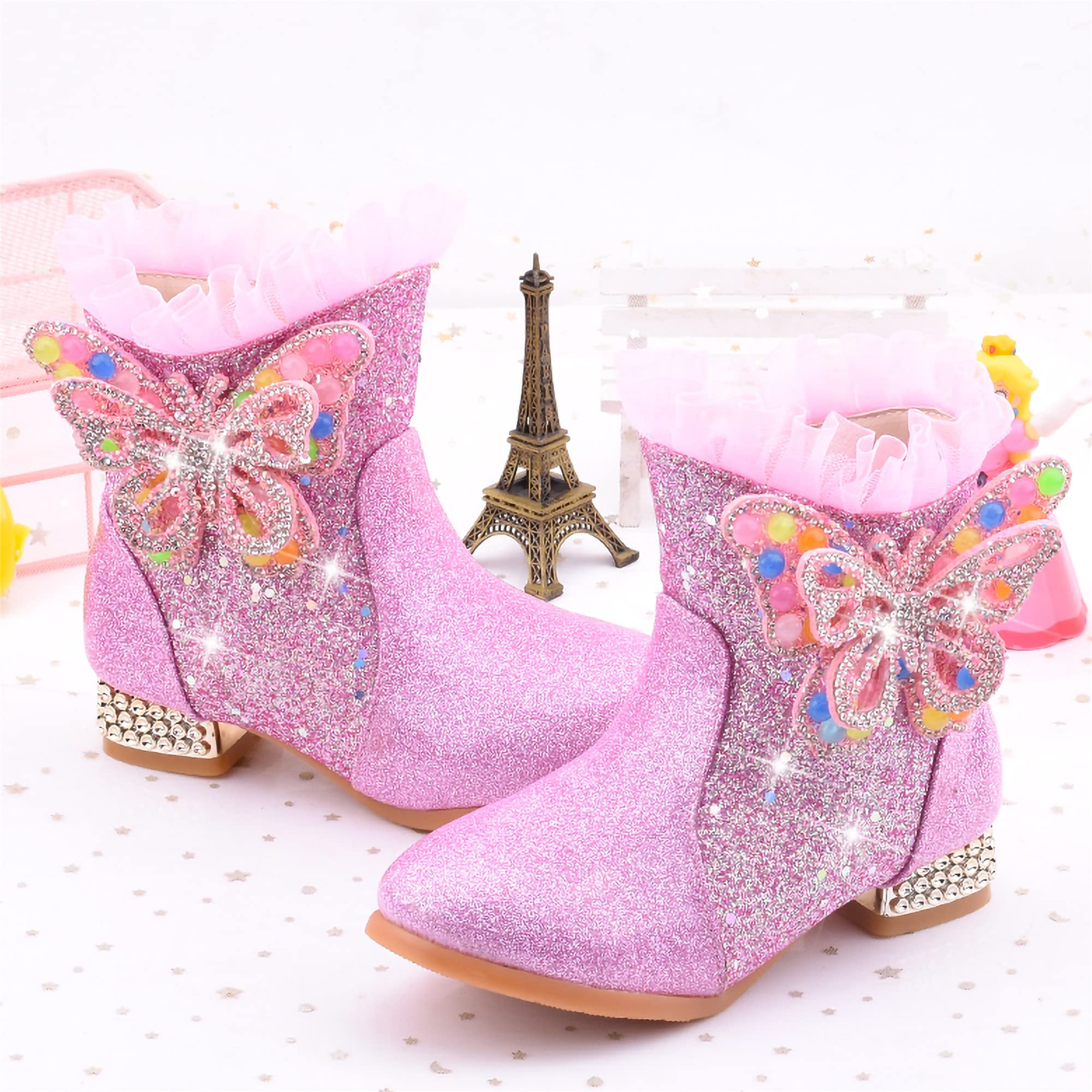 New front Stivali Bambina Invernali Morbide Fodera Boots Stivali di Scarponcini Bambina con Tacco Stivali da Neve Bambina con Paillettes Blu Rosa Taglie 27-38