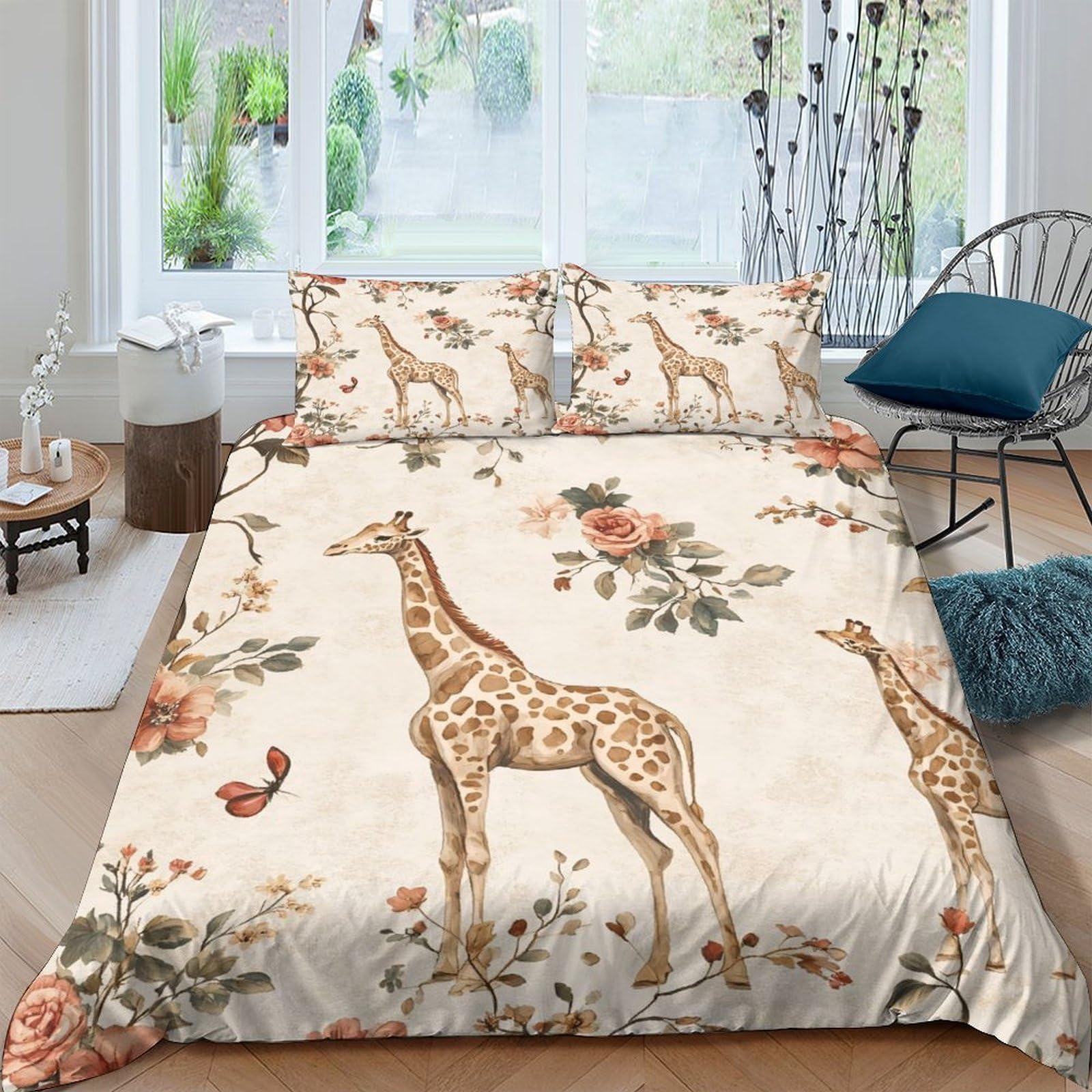 Ctjqhvkz Style-5 3D Printed Giraffe Botanical Fitted Sheet Microfiber Soft Beige Floral Mattress Cover For Bedroom Dorm Easy Care Single（135X200cm）