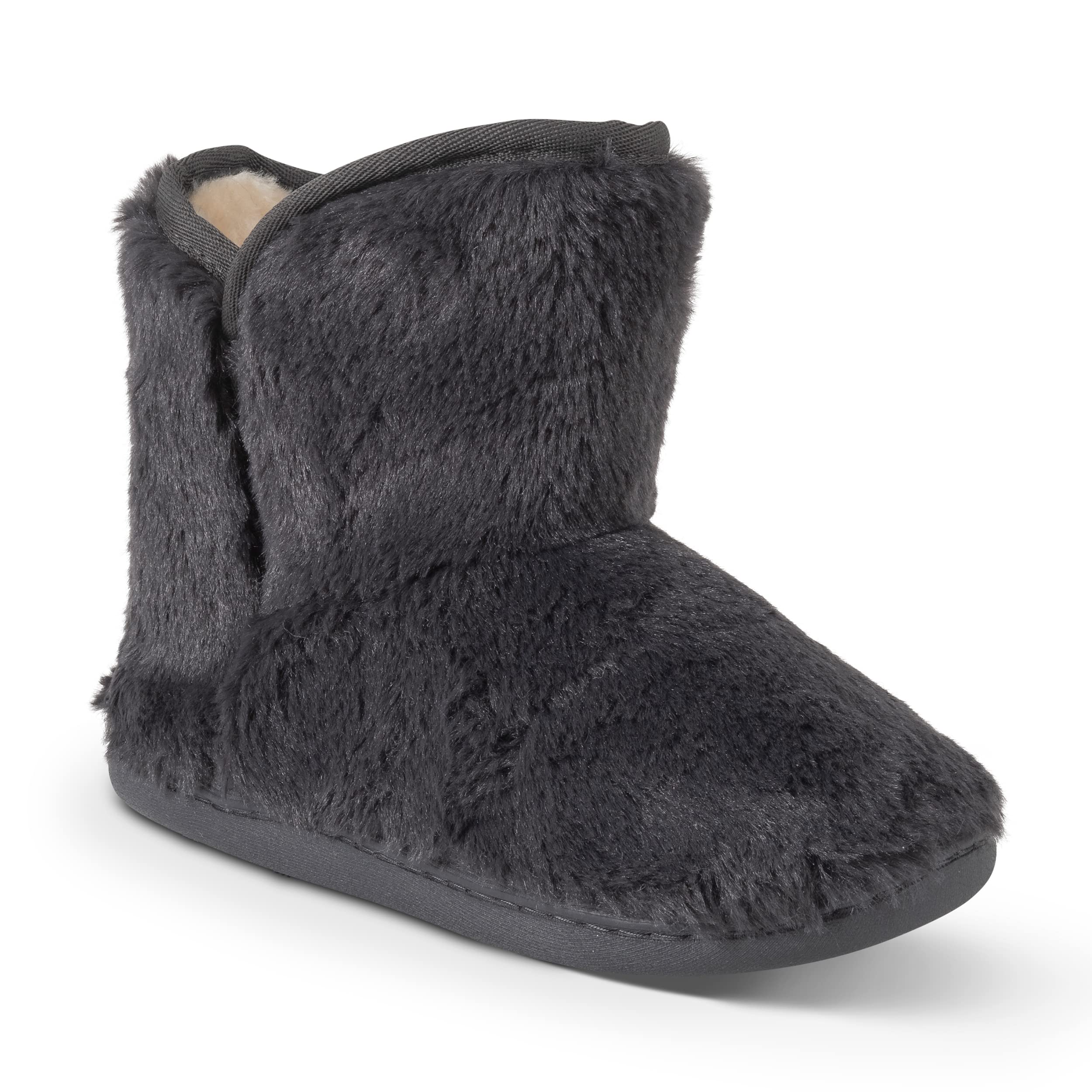 Polar Womens Memory Foam Indoor Faux Fur Fleece Bootie Rubber Sole Comfort Outdoor Anti Slip Durable Slippers - Black Fur - AYC0863 - EU39/UK6