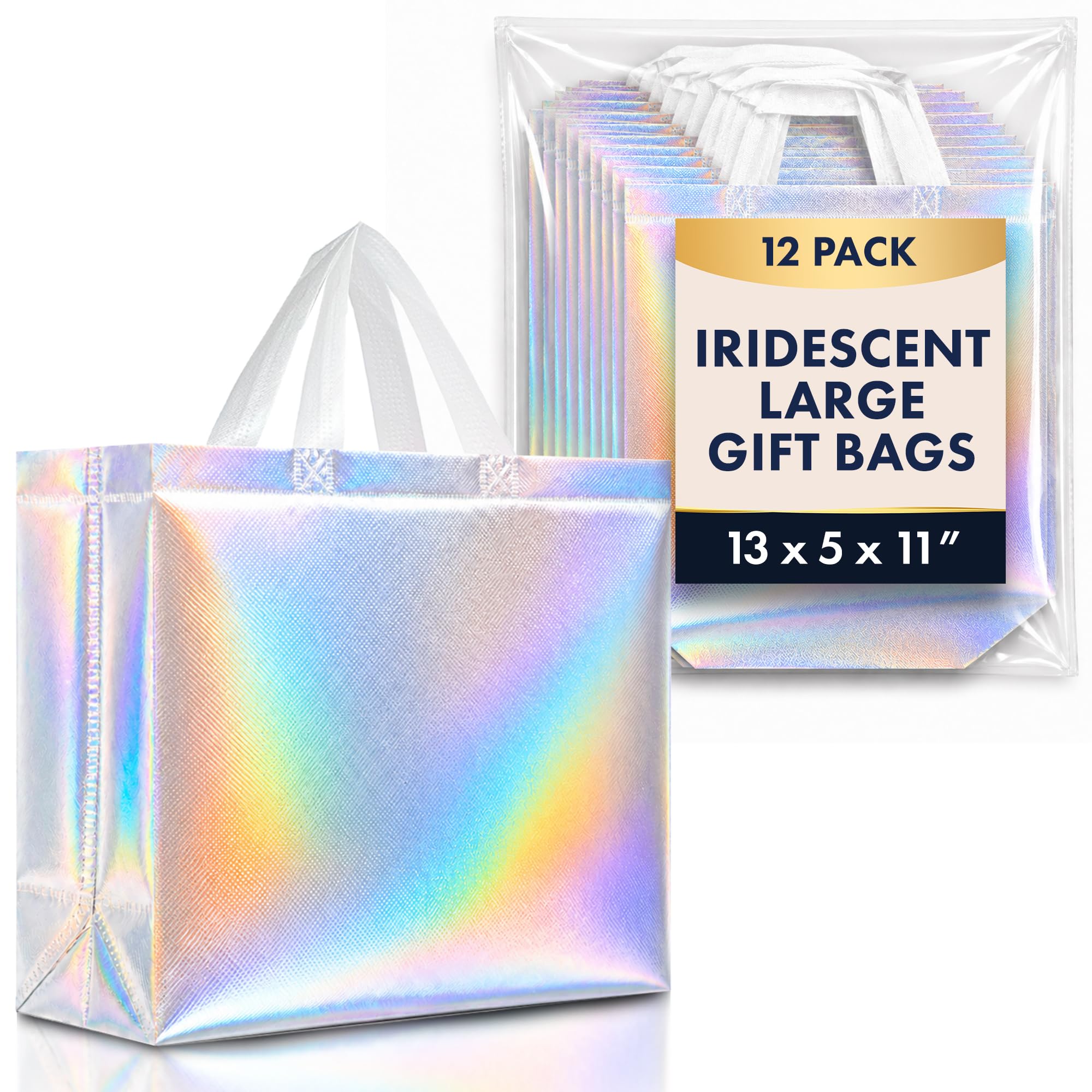 Nush Nush Iridescent Gift Bags Large Size – Set of 12 Stunning Reusable Holographic Gift Bags With White Handles - Perfect As Goodie Bags, Birthday Gift Bags, Party Favor Bags – 13Wx5Dx11H Size