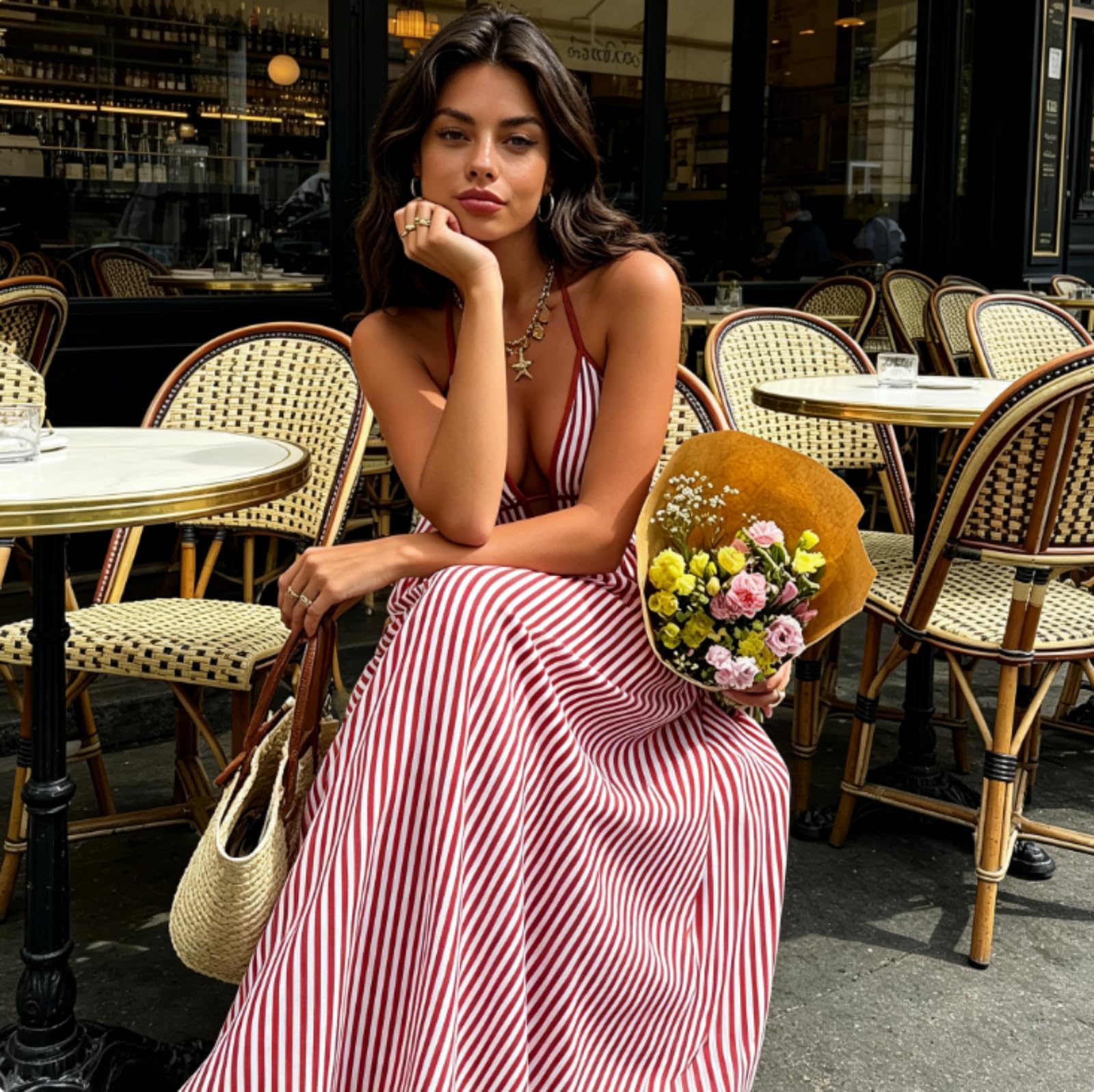 Generico Maxi Abito Estivo Chic a Righe, Scollo a V, Senza Maniche e con Schiena Scoperta; Modello a Linea A con Scollo all'Americana e Spalline Arricciate.