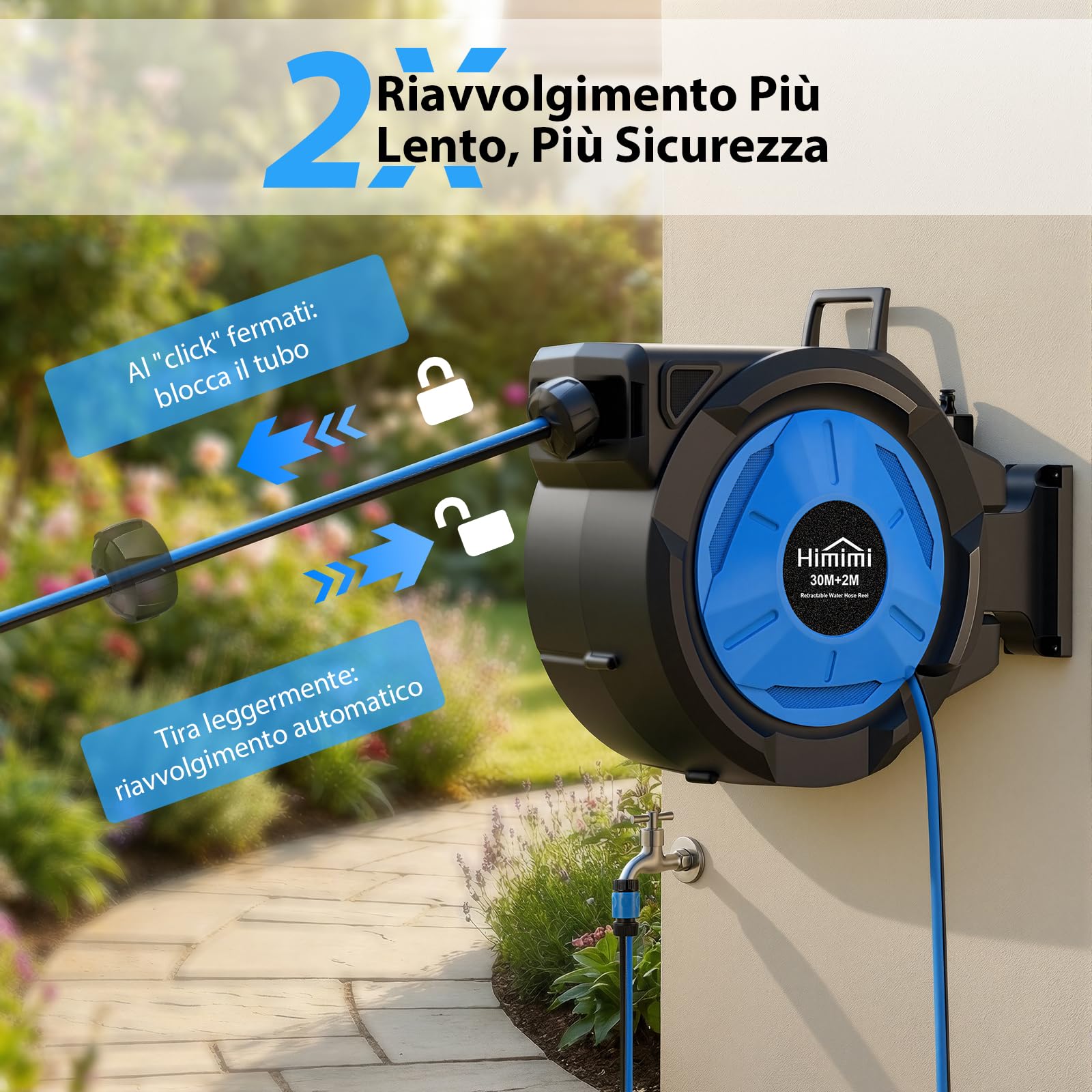 Himimi Avvolgitubo da Giardino Retrattile da Parete, 30 m + 2 m, 1/2", Avvolgitubo Automatico con Rientro Lento, Blocco a Qualsiasi Lunghezza, Supporto Girevole 180°, per Irrigazione Giardino