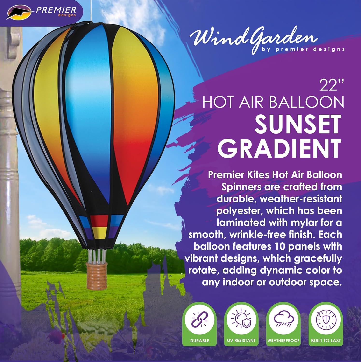 Hot Air Balloon Hanging Garden Spinner 22" - Vibrant Sunset Gradient Design, Weather-Resistant Outdoor Decor, Durable & Lightweight for Patios, Yards, and Gardens - Eye-Catching Wind Spinner