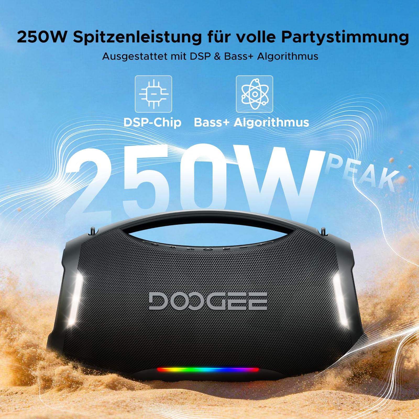 Wild Boom Pro Tragbarer Lautsprecher, 220W Subwoofer und 2+1 Stereoklang, IP55 Wasserdicht und stoßfest, 14 Std Akku, Integrierte Powerbank+Mikrofon, USB/TF-Karte/AUX mit Tragegriff, Schwarz