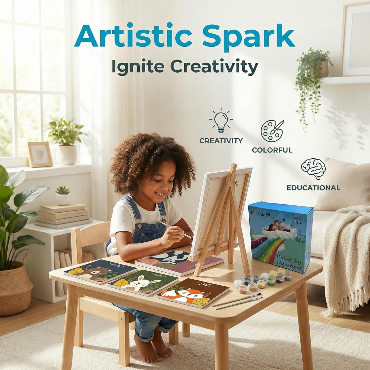 Jethami 4 Pack Paint By Numbers Kit for Kids Ages 6-8-12 with Frame & Easel, Easy Animals Canvas Painting Kit for Girls Boys Home Wall Decor 8x8 in