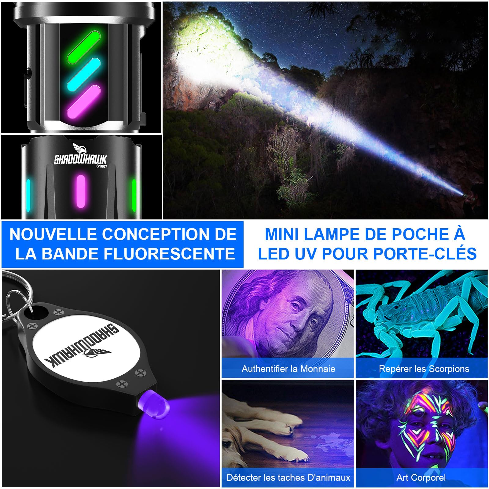 Shadowhawk Linterna LED Alta Potencia 1,000,000 Lúmenes - Militar Linternas Recargable, 12H Iluminación y 3 Pilas AAA, Flashlight Para Camping/Emergencias/Regalo, Pantalla LCD & Banda Fluorescente