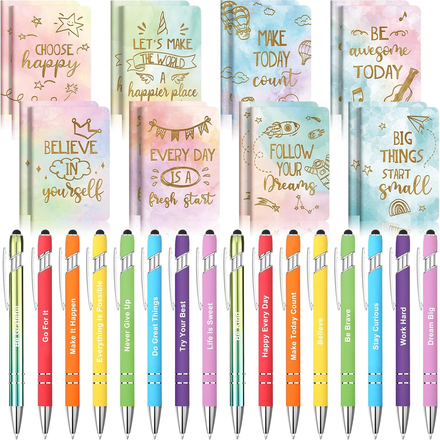 Funrous 32 Pcs Motivational Quote Pens Inspirational Notepads Mini Journal with Ballpoint Pen Small Notebooks Gift for Men Women Coworker Adult Party Favors Prize Teacher Student Office(Watercolor)