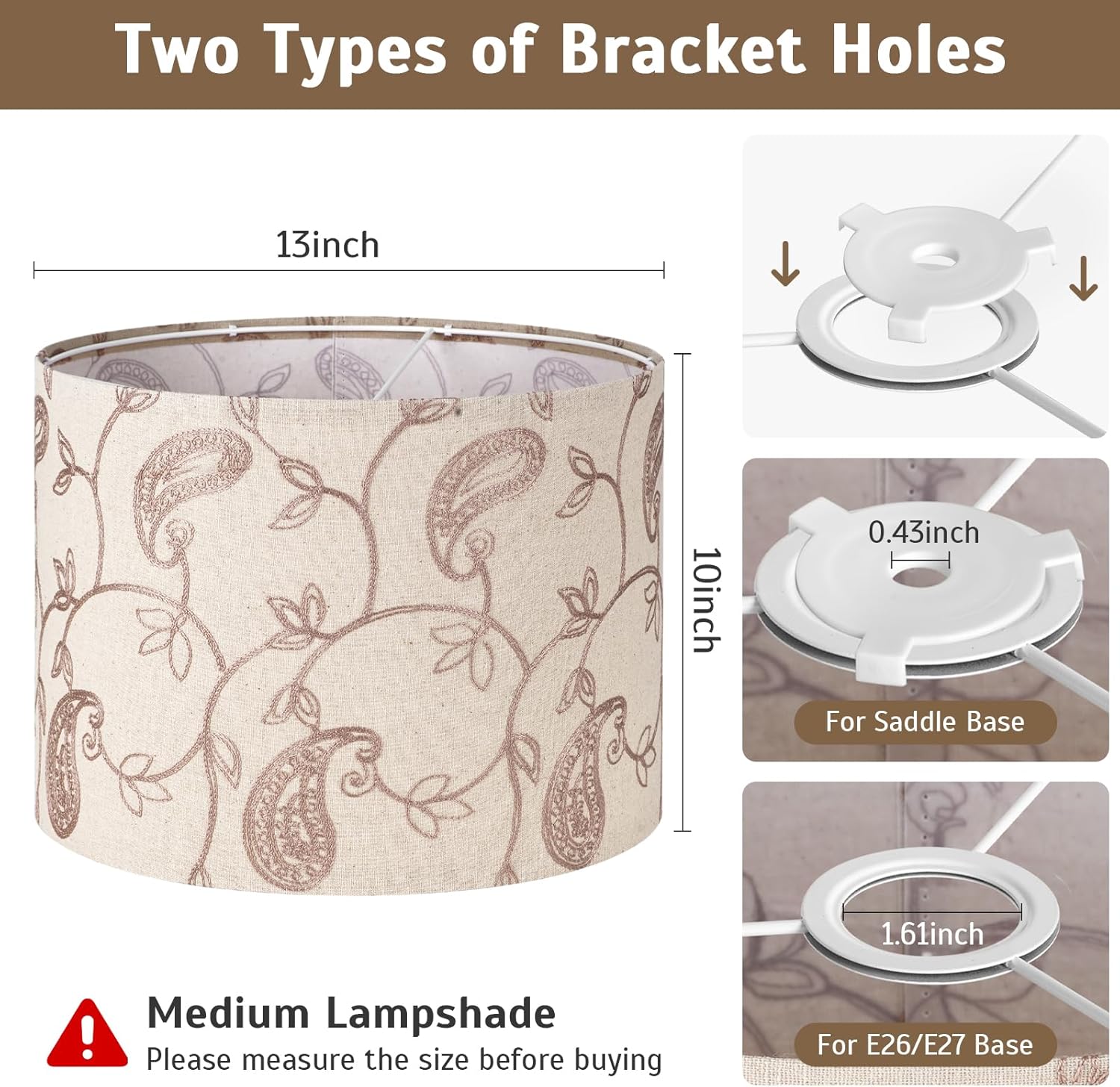 2-Pack 13 Inch Drum Lamp Shades,Paisley Embroidered Fabric Replacement Lampshades for Table Lamps,Floor Lamps,Pendants,Neutral Boho Linen 13" Top x 13" Bottom x 10" High Shades