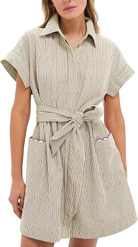 Women's Striped Mini Shirt Dress Button Down Short Sleeve Collared Dresses