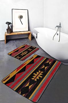 RealHomes 2li Set Siyah Zeminde Vintage Motifli Geleneksel Vintage Etnik Motifler 2li Banyo Paspas Tak m , PaspasTakimi-2li-Set1541