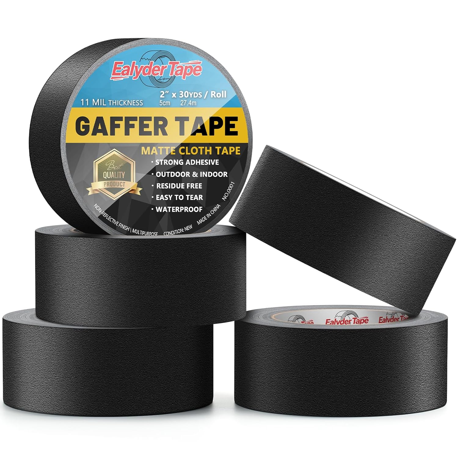 5 Pack Black Gaffers Tape 2 Inch x 30 Yards - Heavy Duty, Waterproof, No Residue, Non-Reflective, Easy Tear Gaffers Stage Tape - Multipurpose