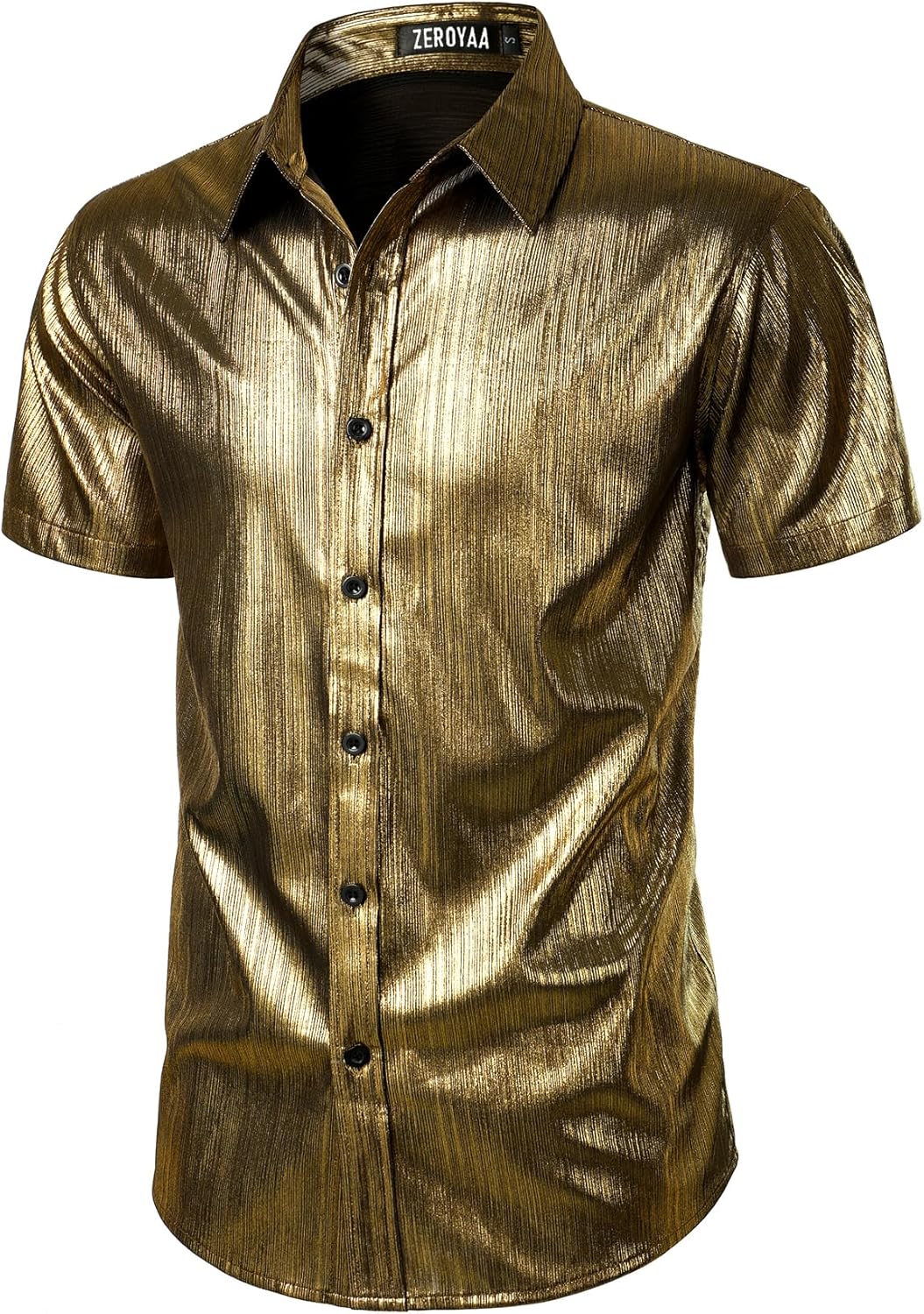 ZEROYAA Men 70s Shiny Short Sleeve Button Down Shirt Fashion Sparkle Disco Dress Shirts - Image 3