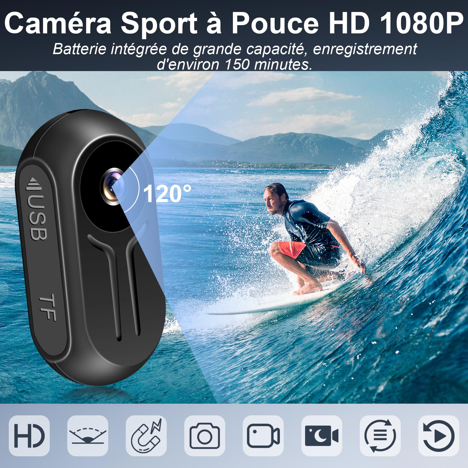 Caméra d'action, Caméra Vidéo d'action Magnétique, Mini Caméra Corporelle