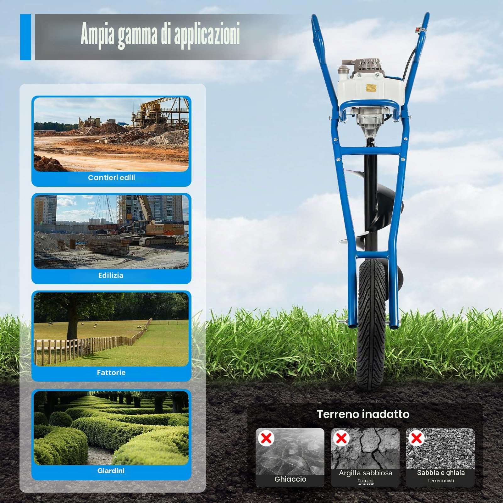 Trivella a benzina da 63 cc, 2200 W, 2 tempi, trivella da terreno monocilindrica, trivella raffreddata ad aria, 8800 ± 300 giri/min, trivella da carriola, trivella da giardino da 300 mm, punta da palo