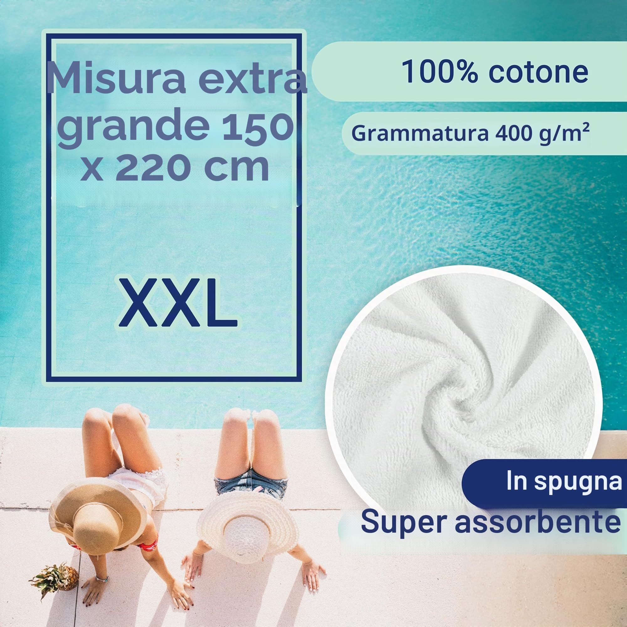 ZOLLNER Telo mare - asciugamano da spiaggia morbido e assorbente in 150x220 cm - lavabile a 95°C - cotone in weiß - certificato Oeko Tex®