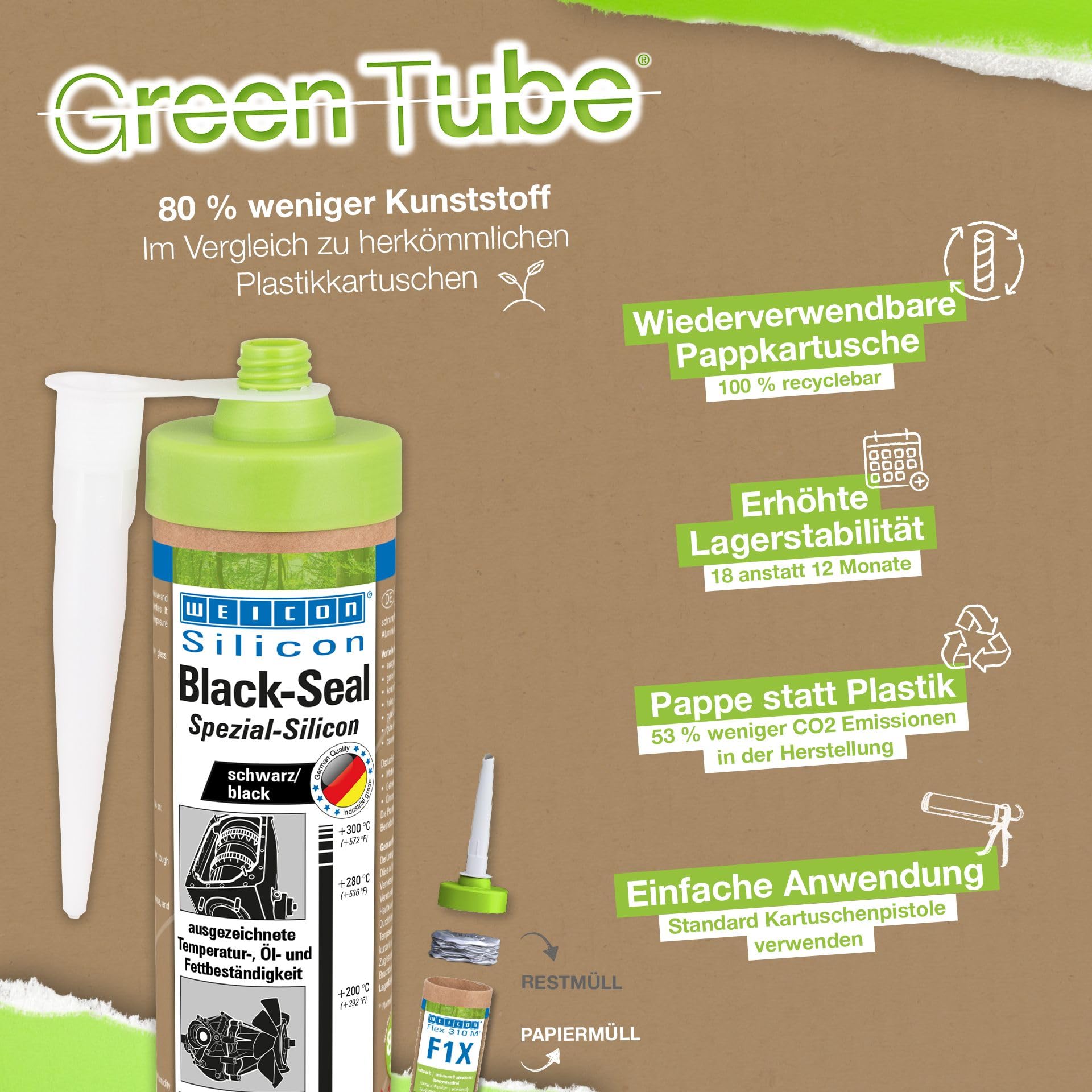 WEICON Green Tube Set Black Seal, wysokotemperaturowy silikonowy uszczelniacz do silników, kartonowy wkład wielokrotnego użytku, zestaw 3 x 280 ml, kolor: czarny