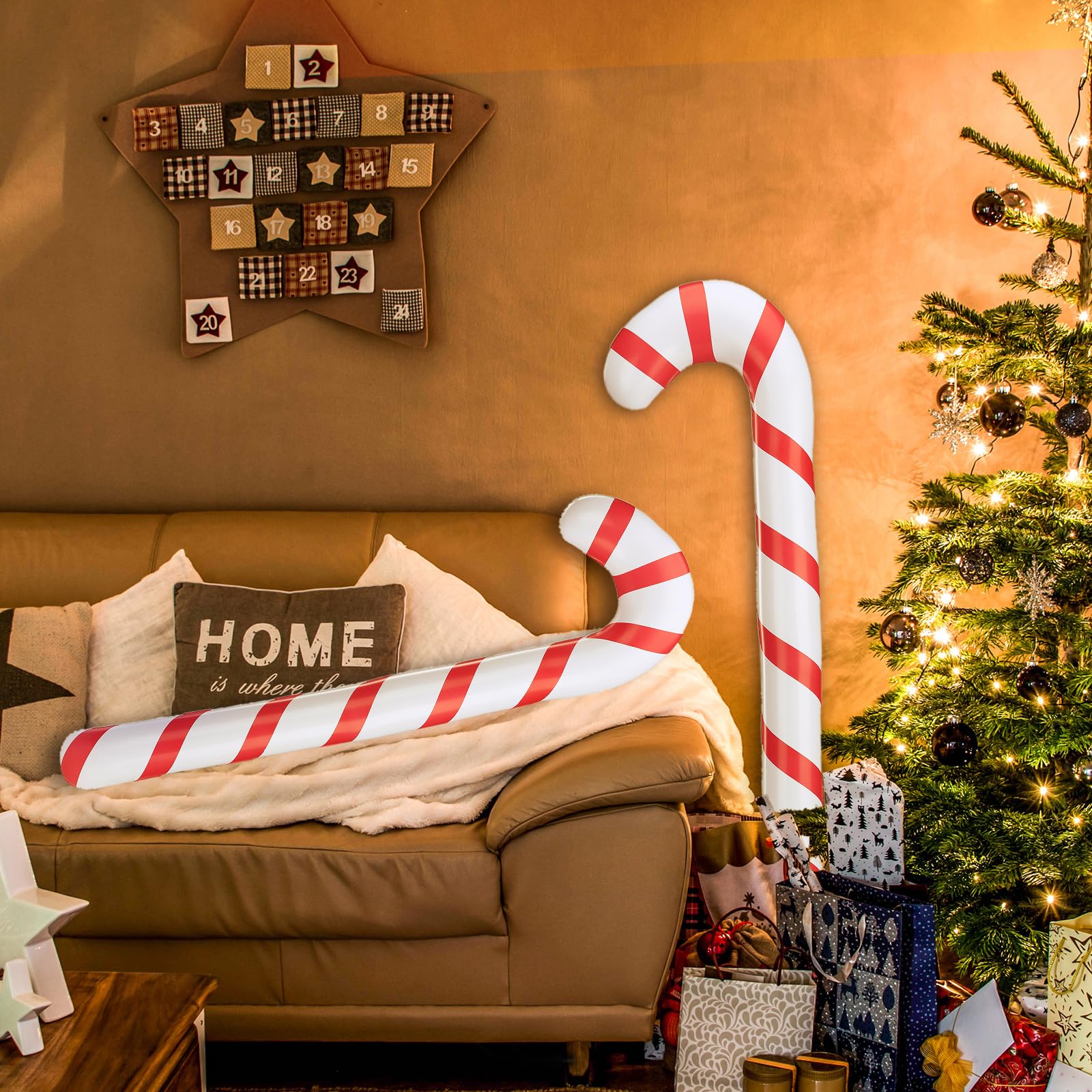 Bastones De Caramelo Inflables Navideños - Pack De 2, 90 Cm, PVC, Decoración Interior Y Exterior Para Navidad