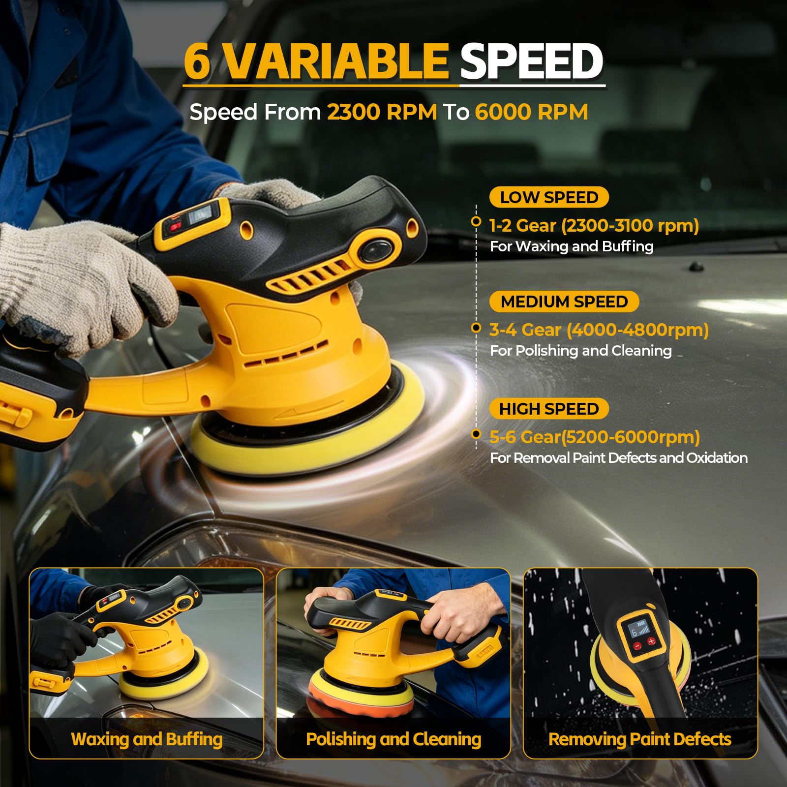 Pulidora inalámbrica para automóvil Dewalt, kit de pulidor orbital portátil sin escobillas de 6 pulgadas, 6 velocidades variables 6000 RPM para detalles automáticos, depilación, eliminación de