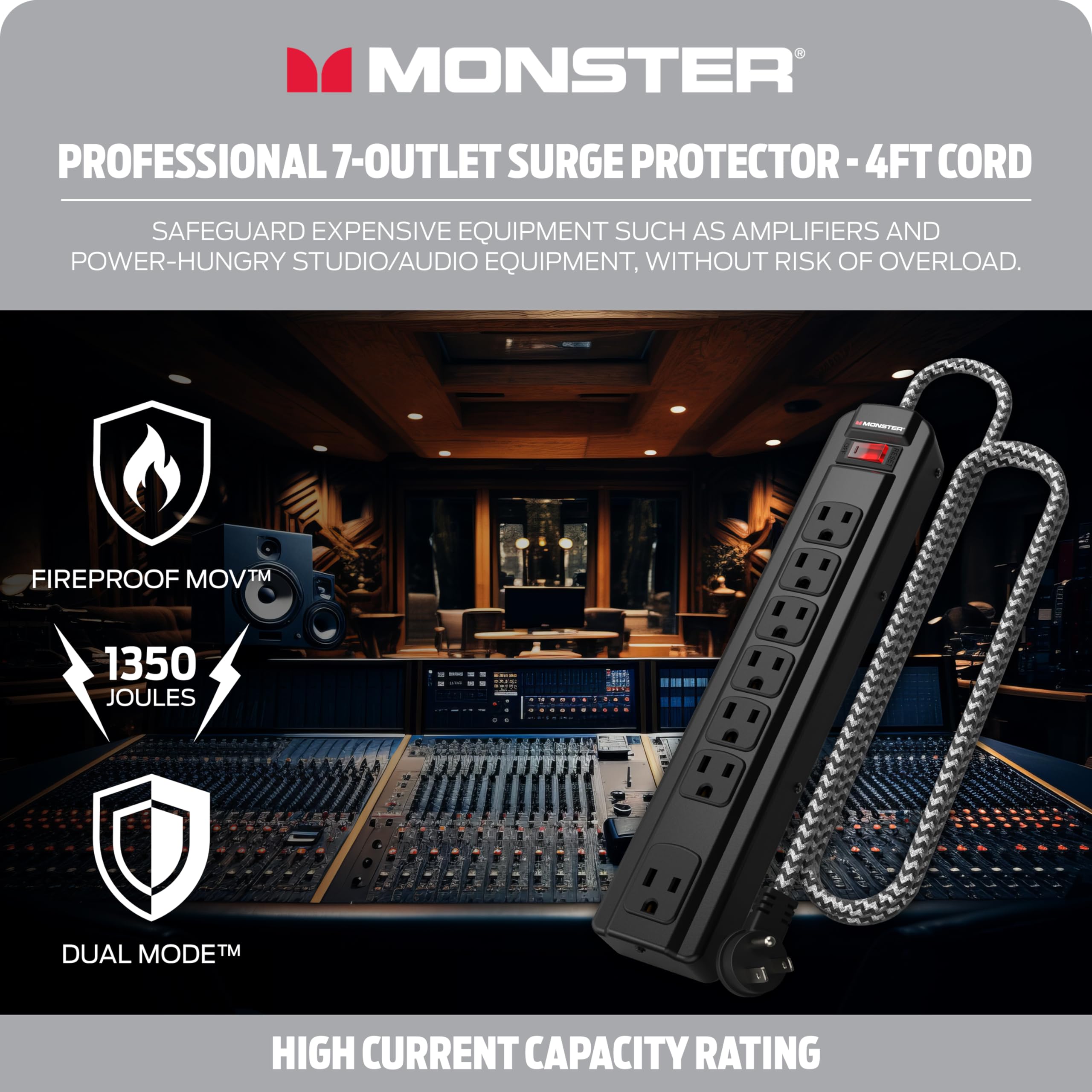 Monster Pro MI Professional Surge Protector Power Strip with Fireproof MOV Technology for Computers, Amplifiers, Pedal Boards, and Pro Audio Gear, 1350 Joule, 4 ft Cord, 7 Outlet Power Strips
