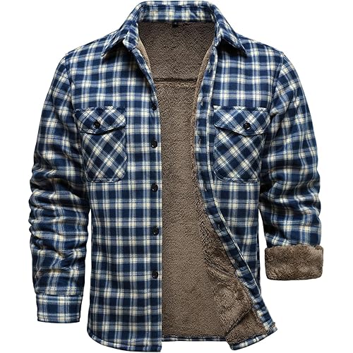 HOOD CREW Mens Winter Warm Fleece Jackets Sherpa Lined Plaid Flannel Shirt Jacket with Side Pockets