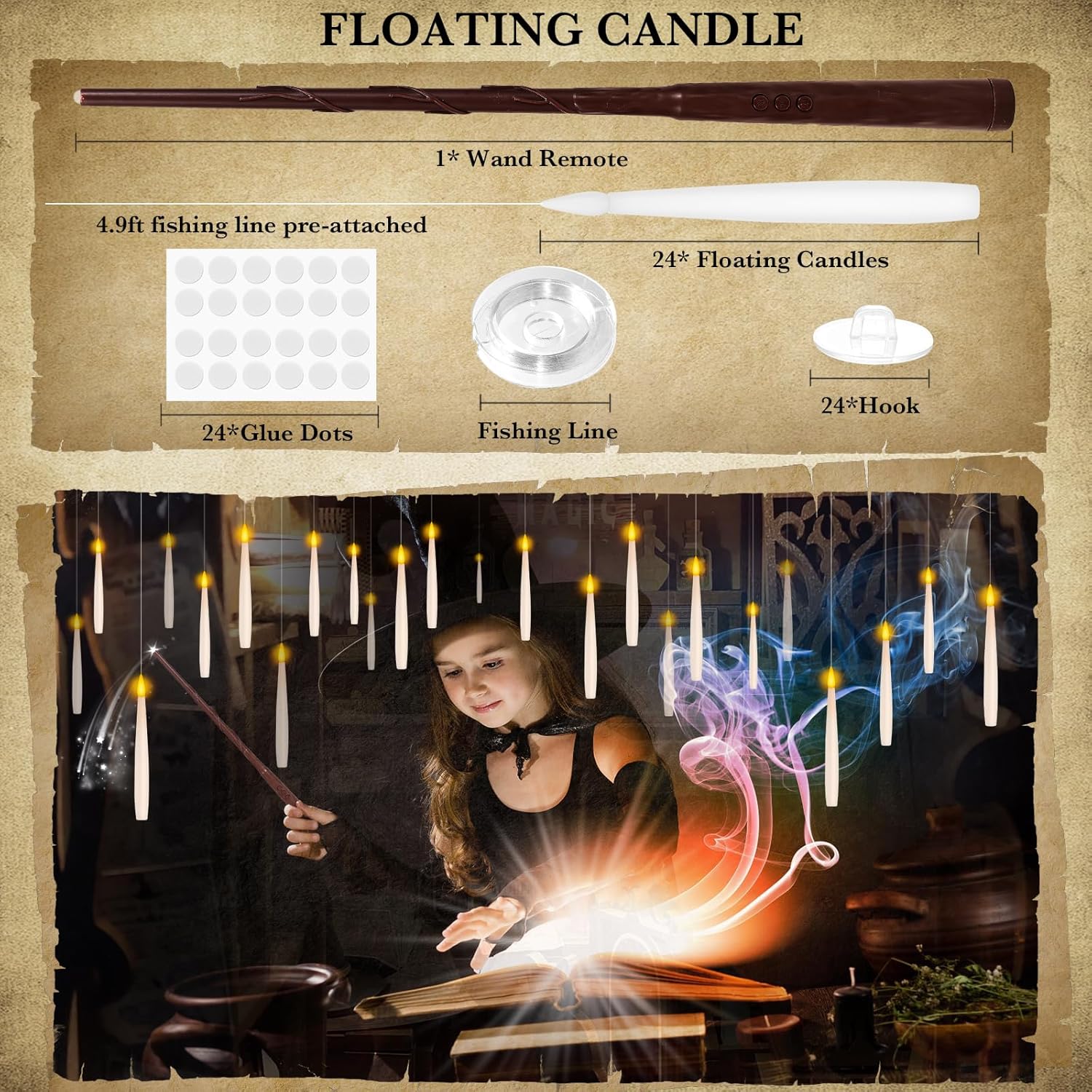 NURADA Floating Candles with Wand Remote Timer - 24 Pcs Magic LED Hanging Flameless Taper Candles Flickering Battery Operated for Halloween Birthday Theme Party Holiday Home Window Decor - White