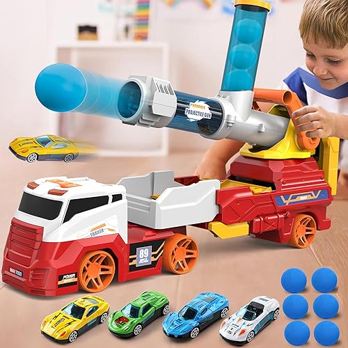 Miniatura 10 de Dwi Dowellin Juguetes de camión para niños, juguetes de coche grande de 28 pulgadas incluyen 4 autos de carreras+6 pelotas, con luz y sonidos,
