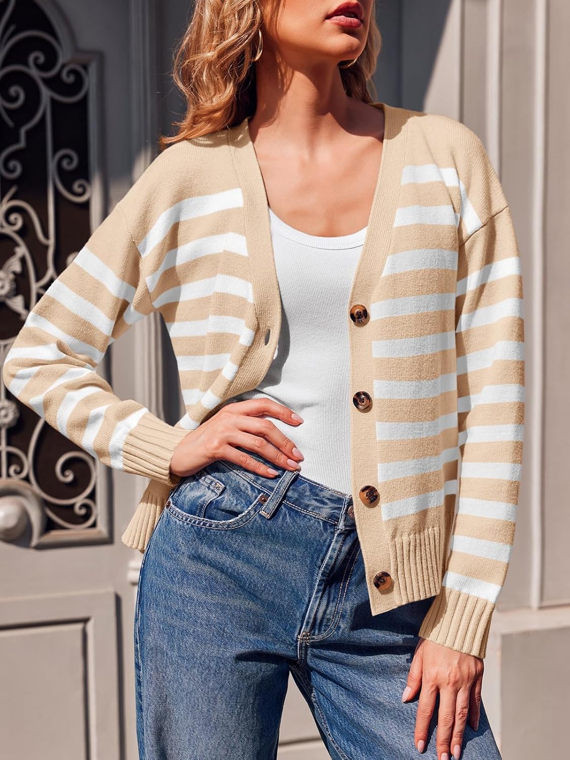 Saodimallsu Womens Striped Cardigan Sweaters V Neck Button Down Long Sleeve Open Front Ribbed Knit Outerwear - Image 5