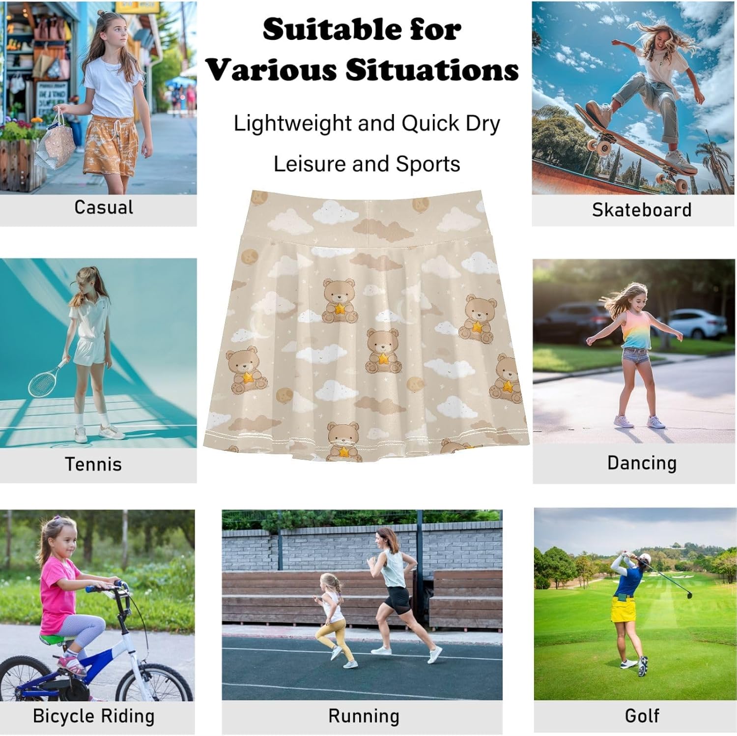 visesunny Cloud Brown Bear Girl's Golf Skirt Athletic Tennis Skort Sport Activewear with Double Layer Pockets