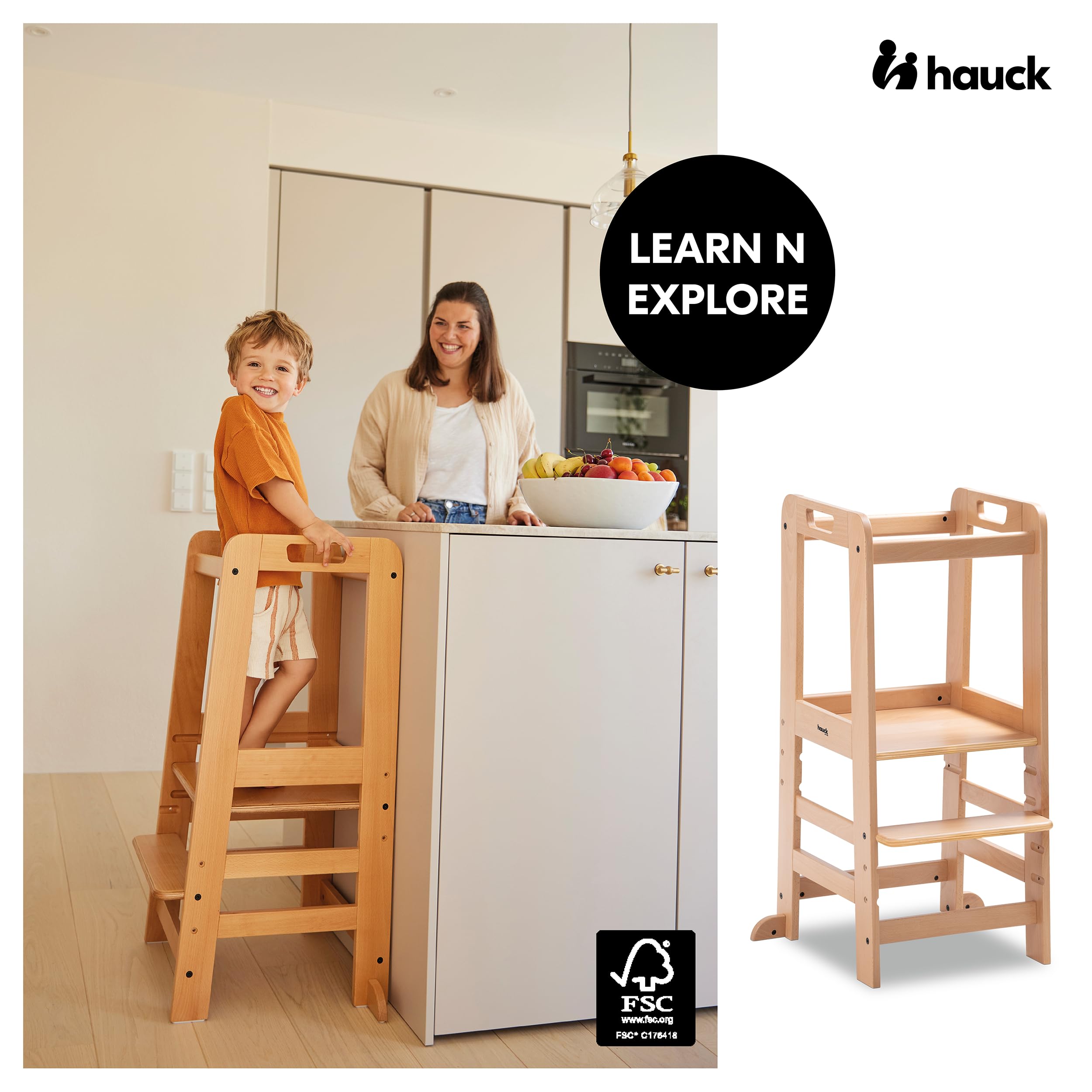 hauck Learn N Explore Natural Lernturm inkl. Puzzle N Fit - Natural | Mitwachsender Kinder Lernturm aus Buchenholz, ab 1 Jahre bis 40 kg, höhenverstellbares Fußbrett