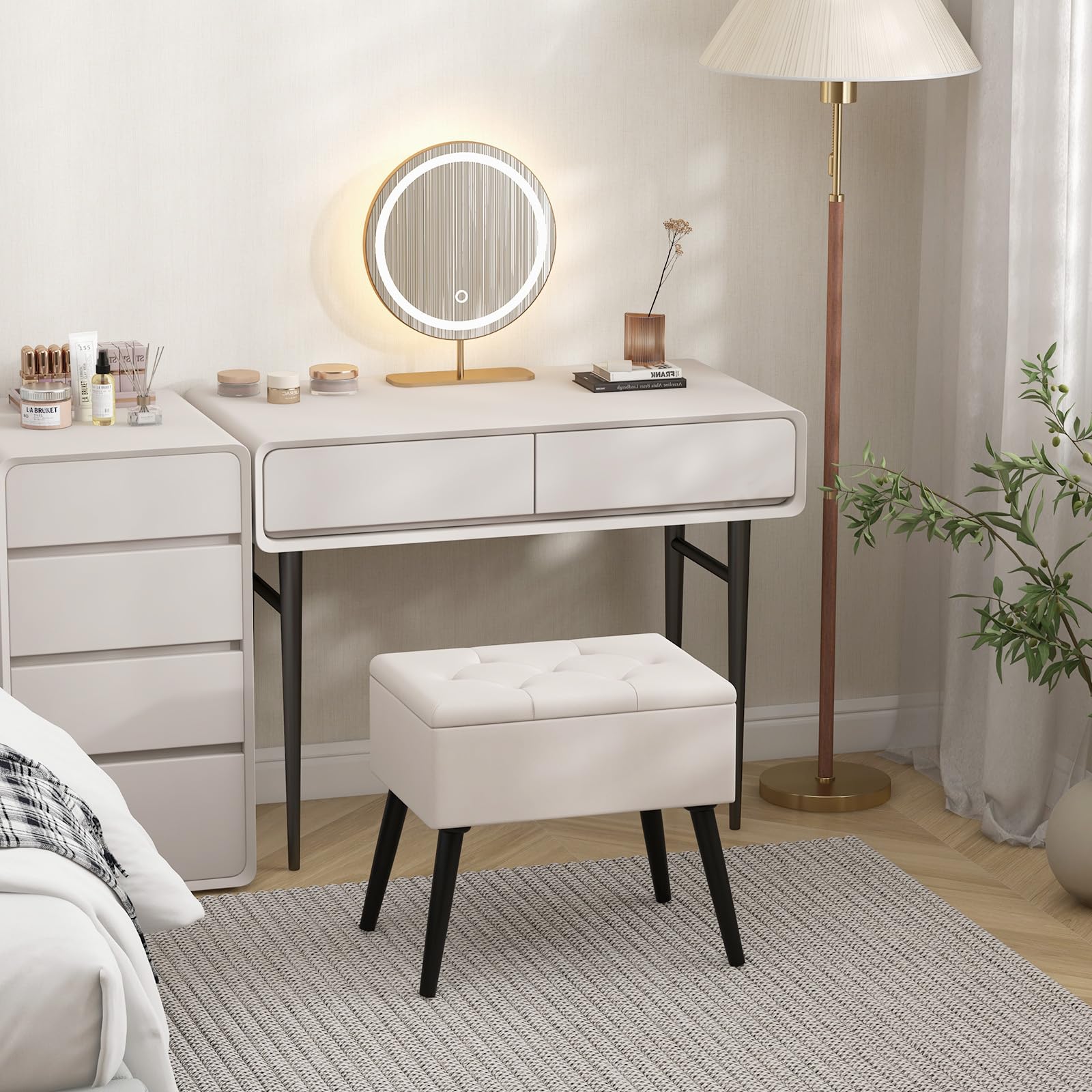 COSTWAY Tabouret Coiffeuse avec Rangement, Pouf Rangement en Velours, Pieds en Bois Massif, Siège Rembourré Rabattable, Banc Chaussures Entrée, pour Chambre Salon Coiffeuse, Charge 150 kg (Beige)
