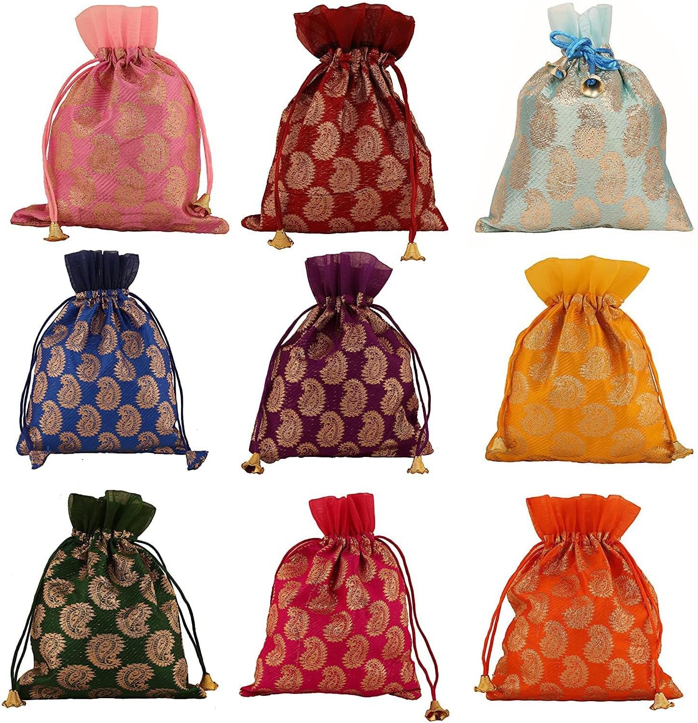 PAQEEPAQEE New Gorgeous Indian Traditional Paisley Brocade Large Drawstring Bags Pouches Potli for Gift Wedding Jewelry Packaging Bridal Party Favors Set of 9