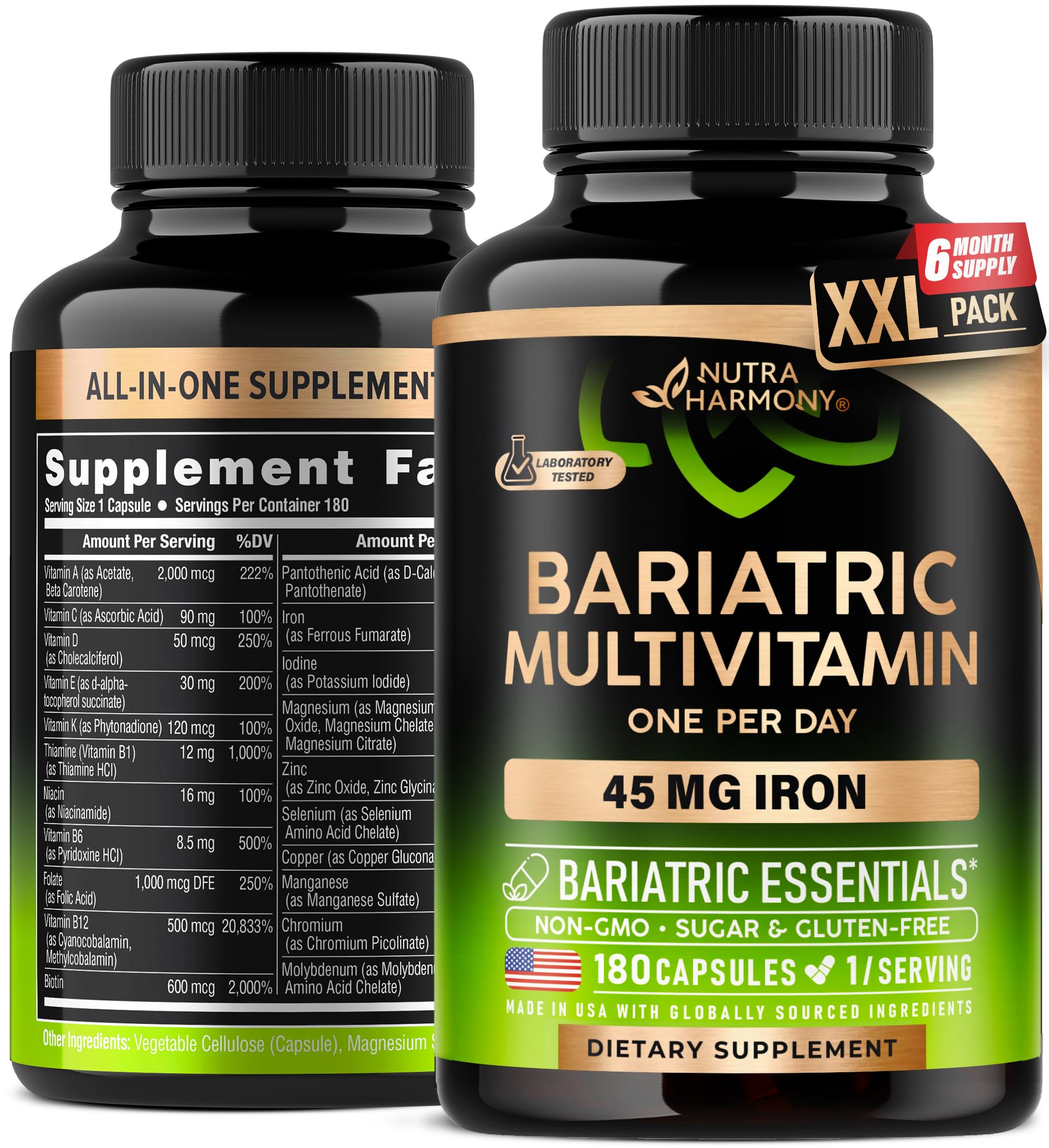 Bariatric Multivitamin - 45 mg Iron Supplements - Made in USA - for Women & Men - All-in-One, 21 Essential Vitamins - Gastric Sleeve Support - Free of Sugar, Gluten & Soy - 180 Capsules, Once Daily