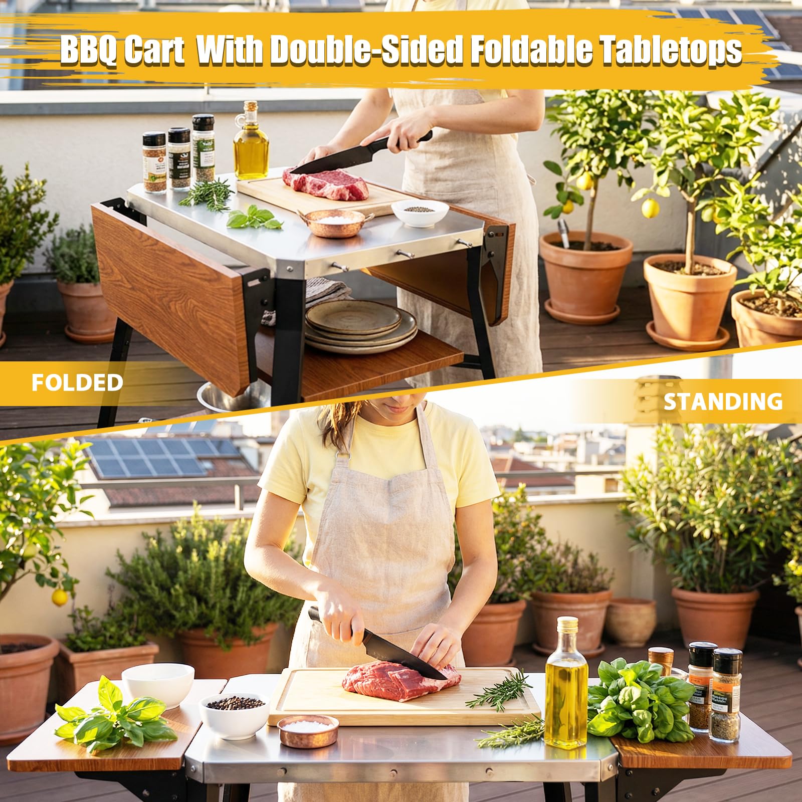 GFTIME Chariot de barbecue avec plan de travail en acier inoxydable, chariot de barbecue avec 2 étagères latérales pliables et 2 étagères de rangement, chariot de cuisine mobile avec roulettes pour
