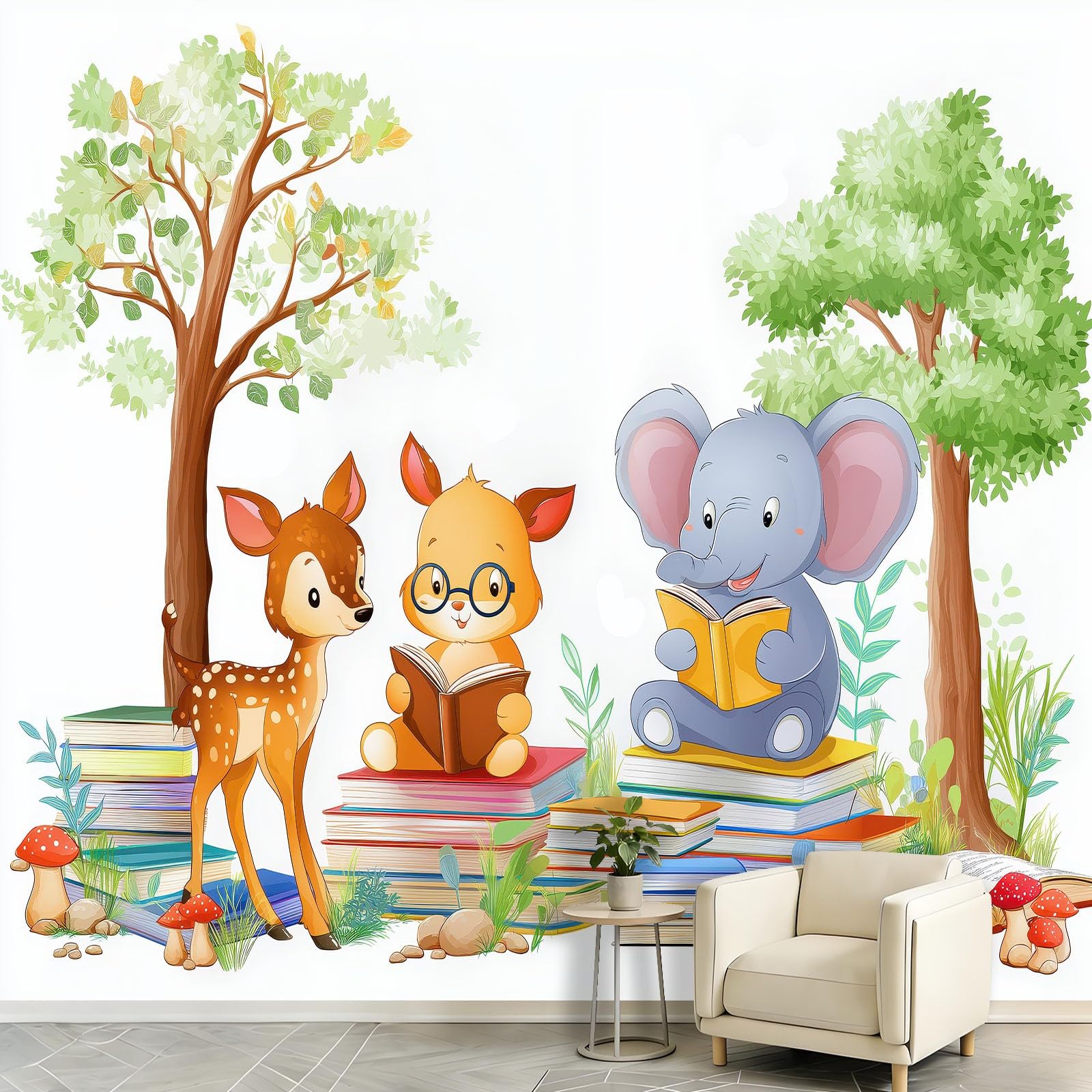 Czytanie kreskówkowe żywe malowidła ścienne 200 x 140 cm (szer. x wys.) las słoń płowy mural dekoracja wnętrza tapeta, fototapeta do salonu sypialni kuchni łazienki i dzieci - rozmiar niestandardowy