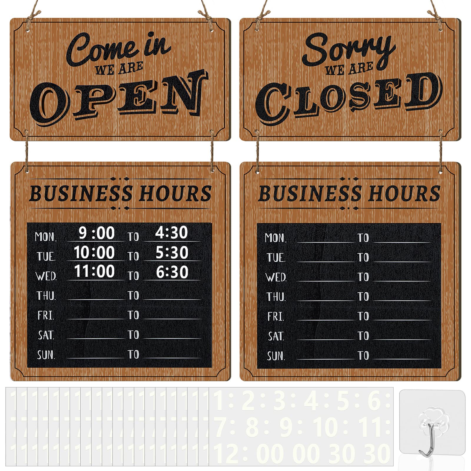 bpaBusiness Hours Sign Store Hours Sign Hanging Open and Closed Sign Double Sided Wooden Business Sign Hangable Decorative Welcome Boards with Time Digital Stickers and Hook for Store Shop (White)