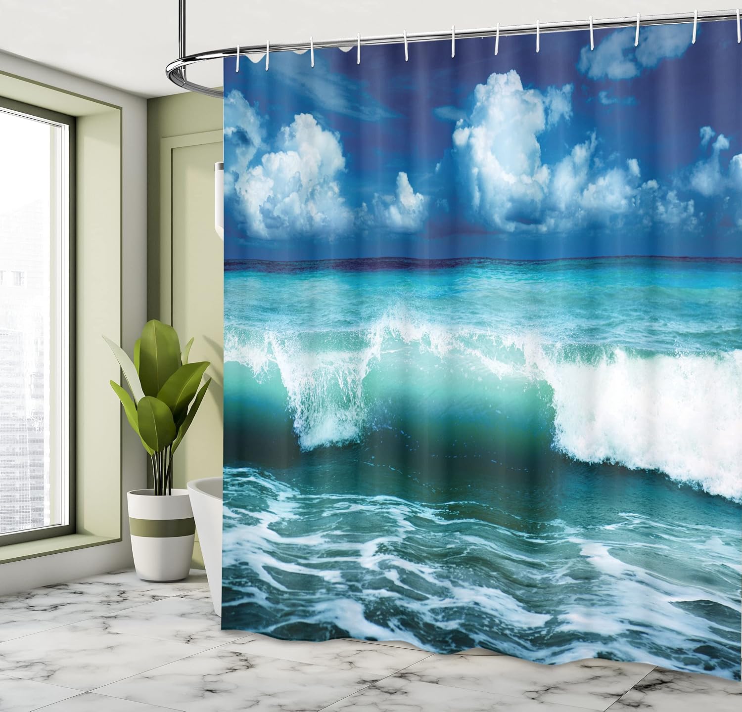 ABAKUHAUS Ocean Shower Curtain, Caribbean Island Coast Seascape Waves Water Splash Surfing Sports Theme - Image 4