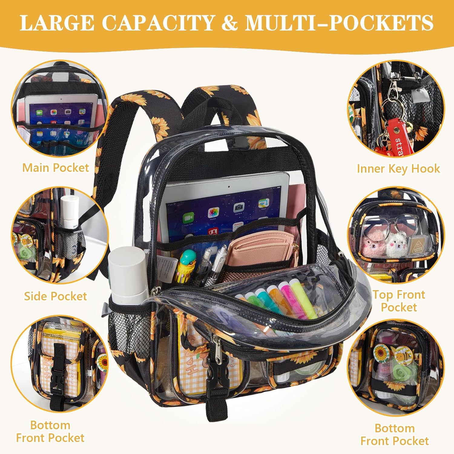 Mini Clear Backpack for Stadium Approved 12x6x12, Small Transparent Backpacks Plastic See Through Clear Bag for Kids Grils Women for Sporting Event, Concerts, Work, Festival (Sunflower) - Image 5
