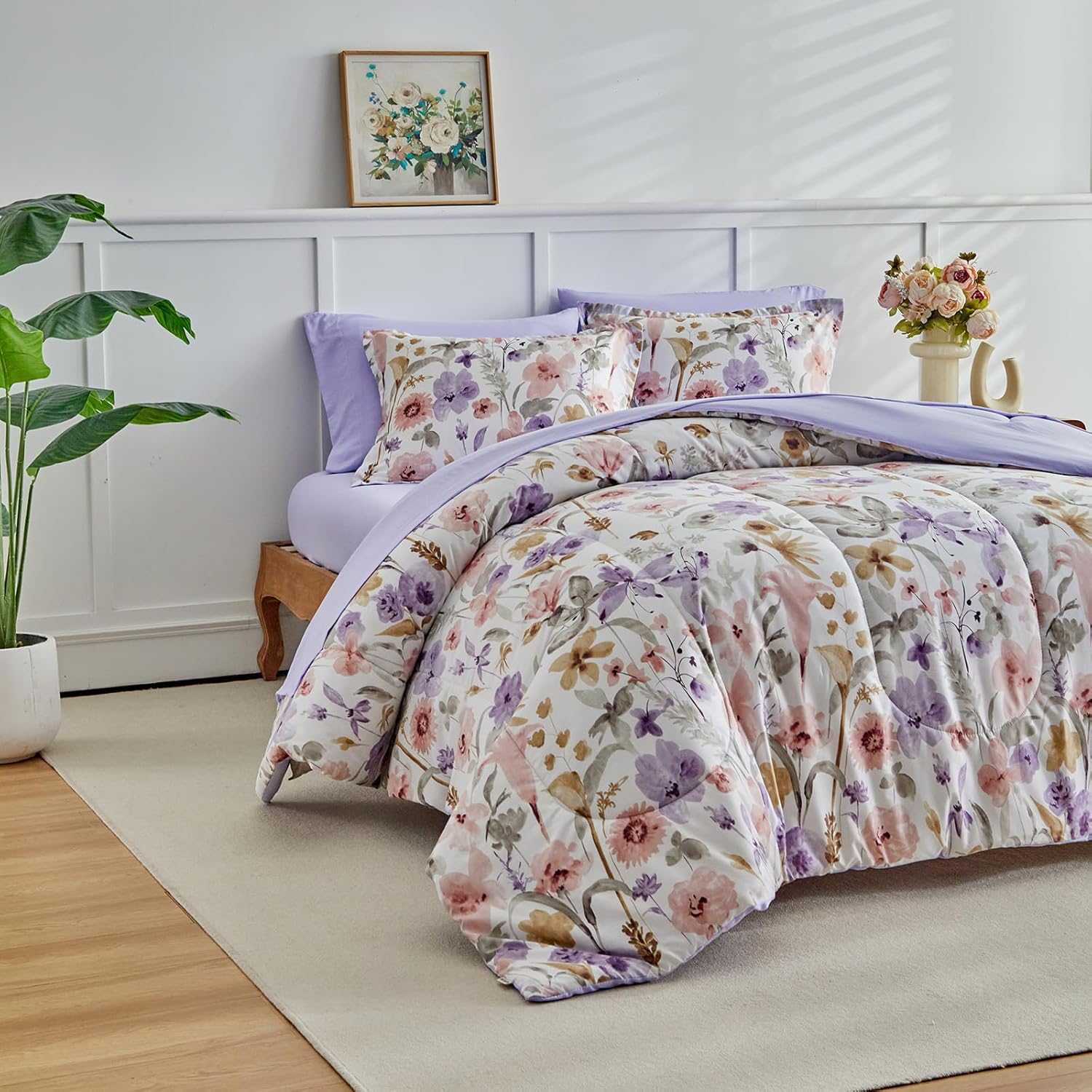 Floral Comforter Set 7 Pieces White with Purple Pink Flowers Bed in a Bag Queen Size Reversible Bedding Set (1 Comforter 2 Pillow Shams 1 Flat Sheet 1 Fitted Sheet 2 Pillowcases) - Image 4