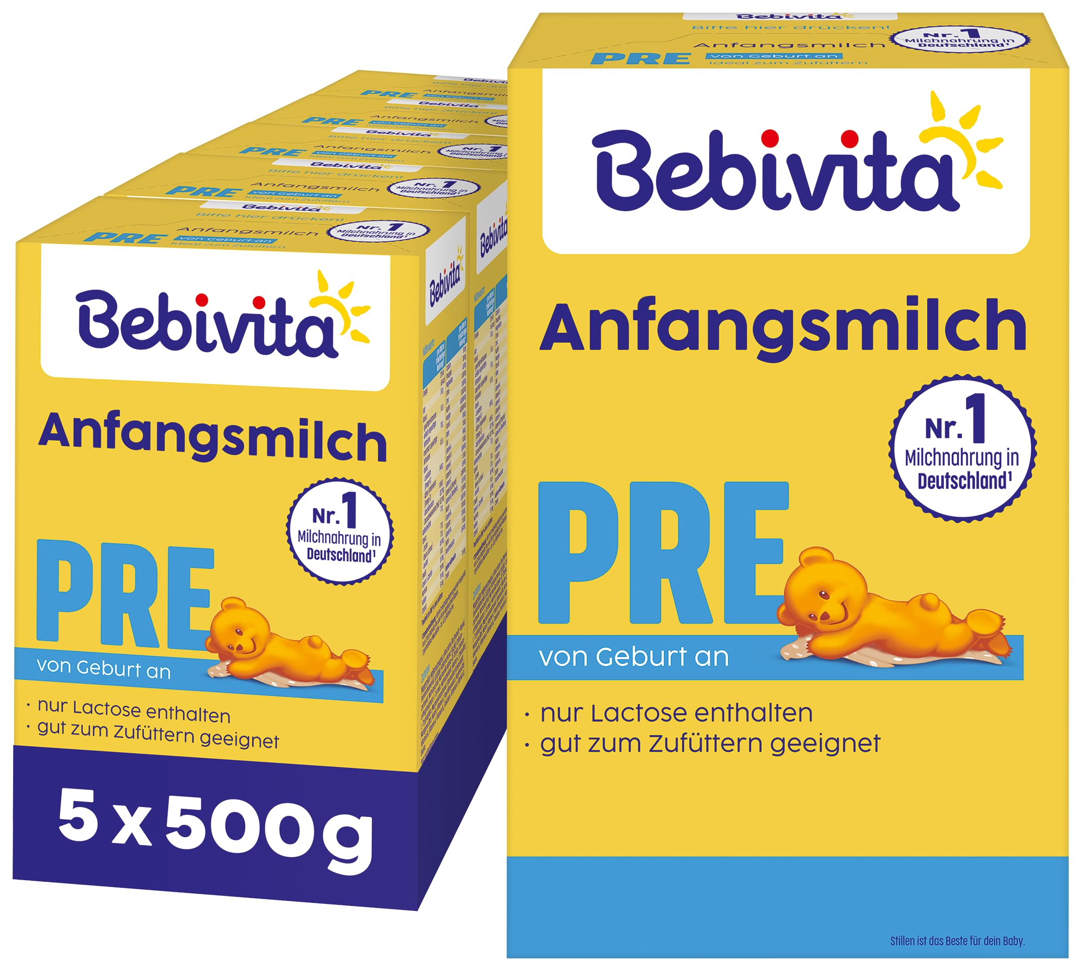 Bebivita PRE Anfangsmilch (5 x 500g), von Geburt an, enthält nur Lactose als Kohlenhydrat, gut zum Zufüttern