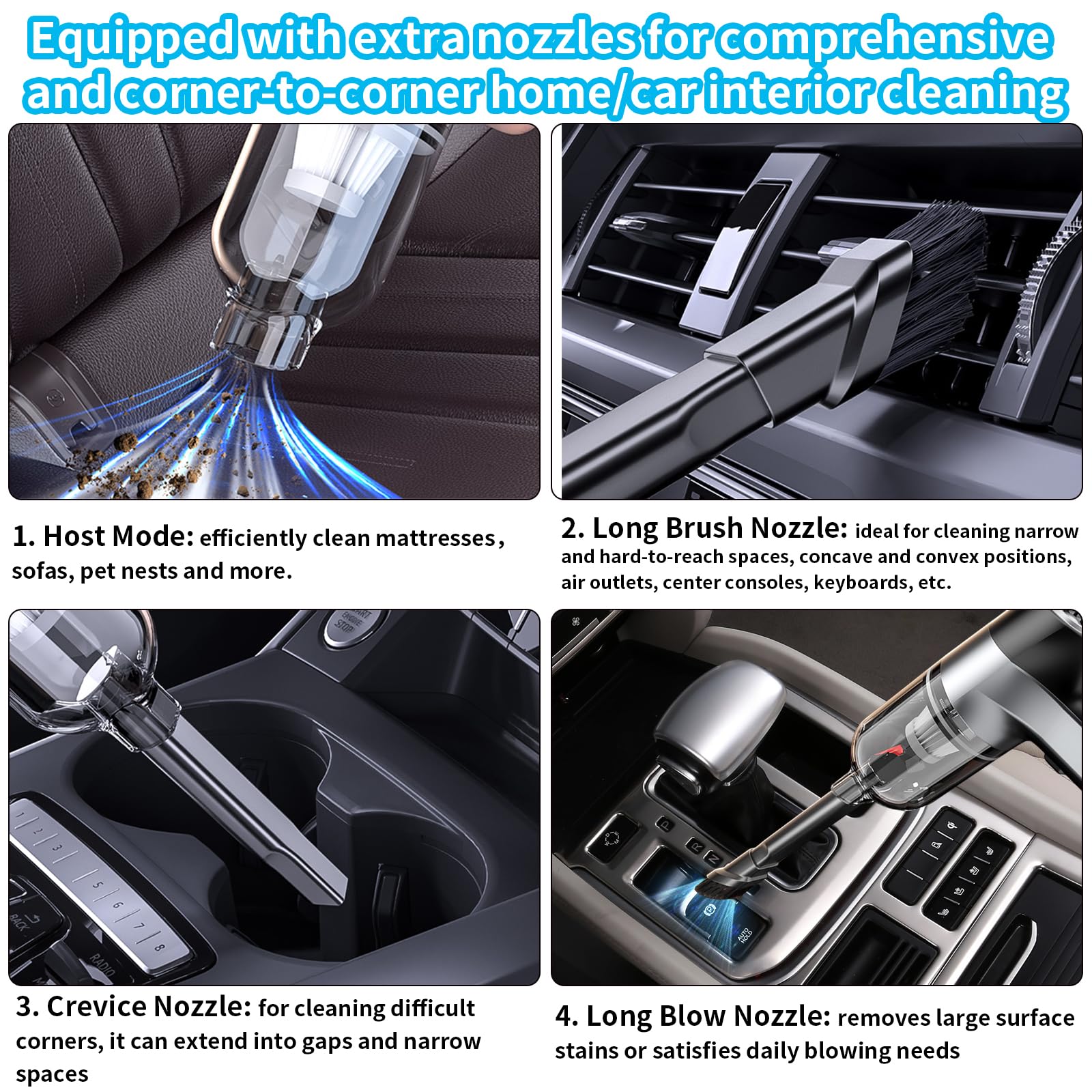 SUPERNIGHT Mini-handstofzuiger, draadloos, hoog vermogen, 6 kPA ~ 12 kPa, 4 -in-1, sterke elektrische draagbare kleine stofzuiger voor auto, thuisreiniging, desktop toetsenbord