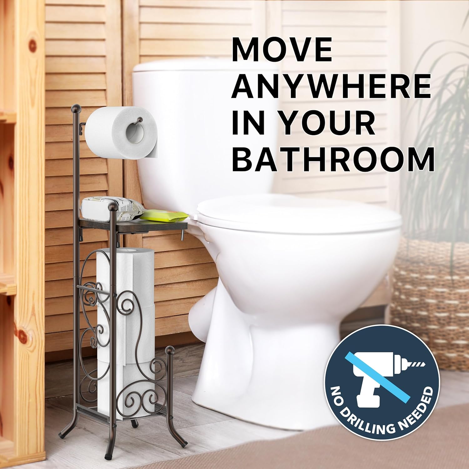 Simple Houseware English Style Bathroom Toilet Tissue Roll Holder Stand with Shelf, Bronze - Image 3