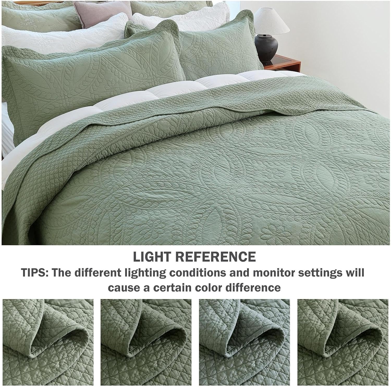 Cmfshape 100% Cotton Quilt Oversized King Size-Green Bedspread 120"x120"-Coin Pattern Bedding Set 3 Pieces-Pre-Washed Lightweight Cotton Coverlet-Suitable for Bed,Couch,Quilt Blanket All Seasons image 5