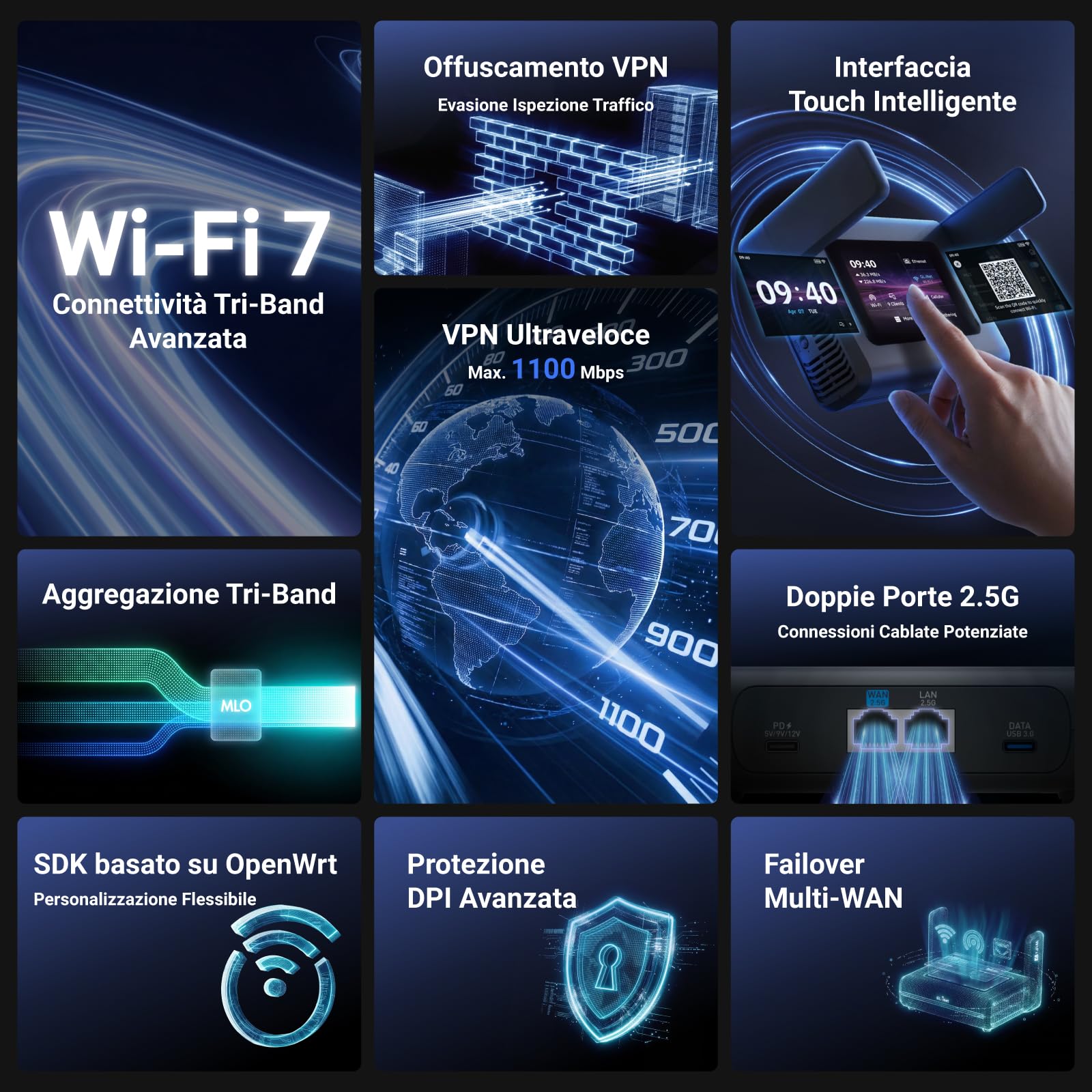 GL.iNet Slate 7 Pro (GL-BE10000) Router Wi-Fi 7 Viaggio 6GHz 2,5G OpenWrt | Wi-Fi 7 tri-band con 6GHz 5764Mbps, MLO mantiene stabili le videochiamate in hotel e aeroporti affollati