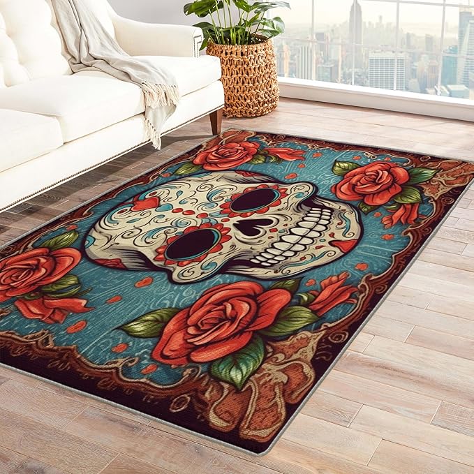 Sugar Skull Rug & Home Decor - 2x3 Rug, Mexican Day of The Dead Rugs for Entryway Living Room Bedroom, Día De Los Muertos Carpet, Washable Non Slip Soft Low Pile Indoor Door Mat & Room Decor