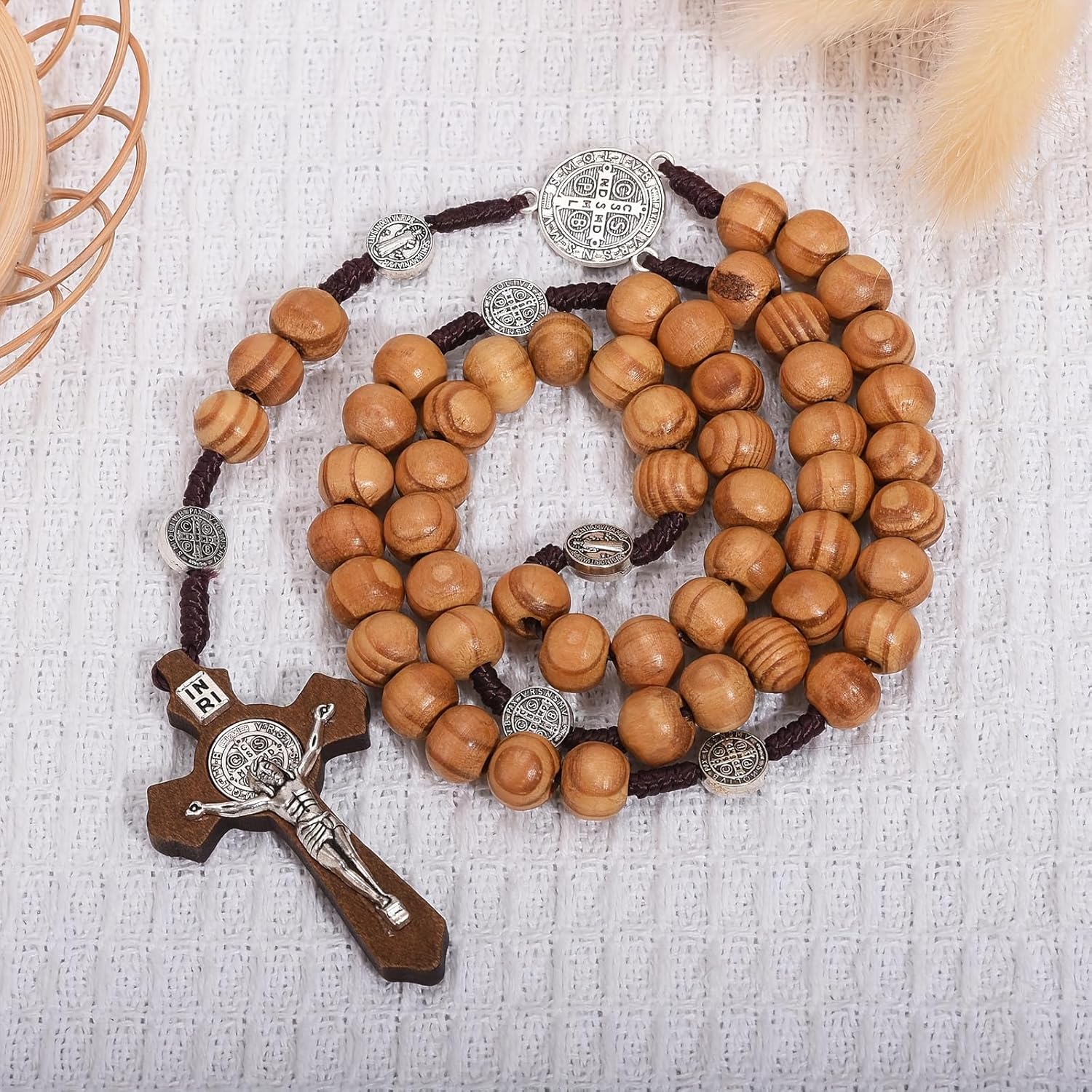 YI Boutique Crucifix Wall Cross, Handmade Catholic Crosses, 8 Inch, with Wooden Rosary, Wall crucifixes, Wood Crucifix for Wall, Jesus Christian Wall Hanging Cross - Image 7