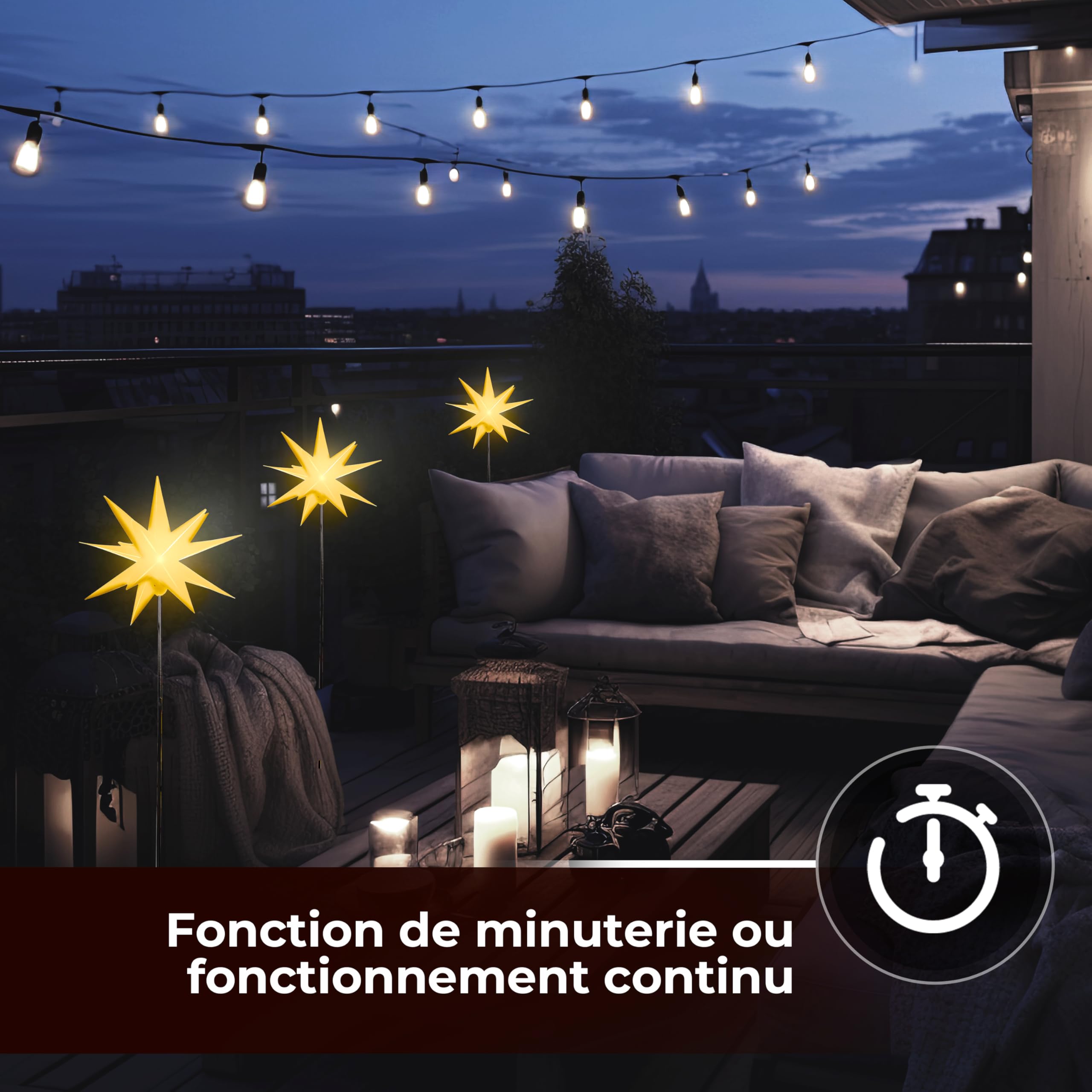 Etoile Lumineuse 3D avec éclairage LED | Set de 3 avec Piquet de Terre | Jaune | Ø 27 cm | Etoile 3D | résistant aux intempéries | Décoration de Jardin | Etoile de Noël | avec minuterie | sur Piles