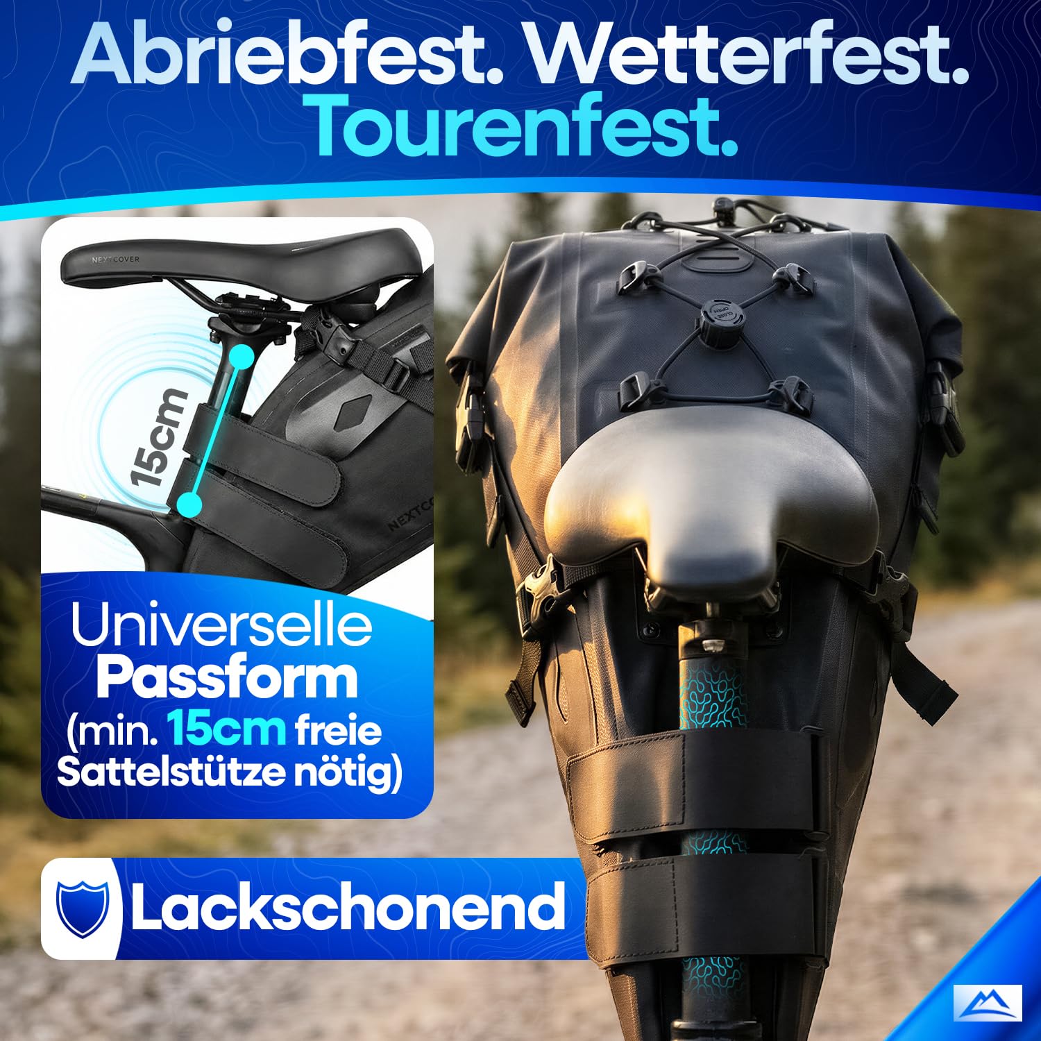 Nextcover® Bikepacking Satteltasche [12 Liter] I Fahrradtasche Sattel I 100% Wasserdicht Dank AquaShield-TPU I Satteltasche für Fahrrad, Bikepacking Taschen für Gravelbike, Rennrad, MTB