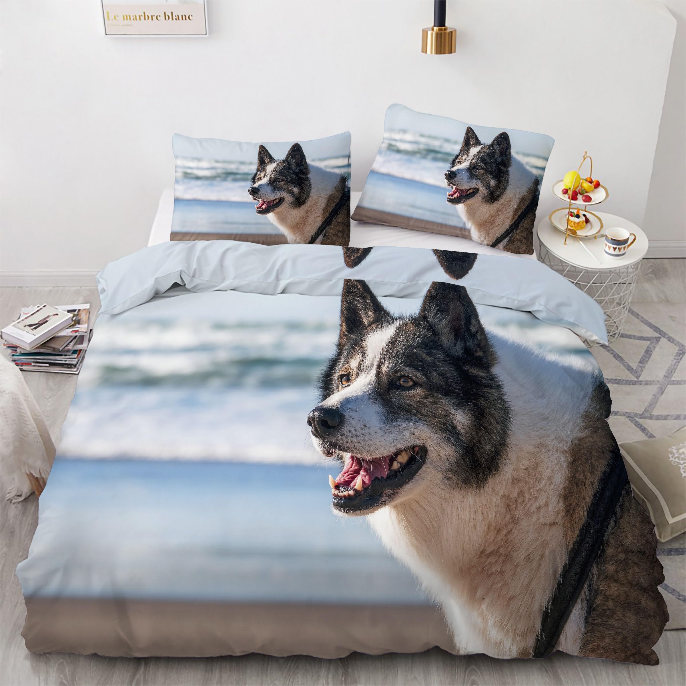 Housse de couette 240x260 chien norvégien avec 2 taies d'oreiller