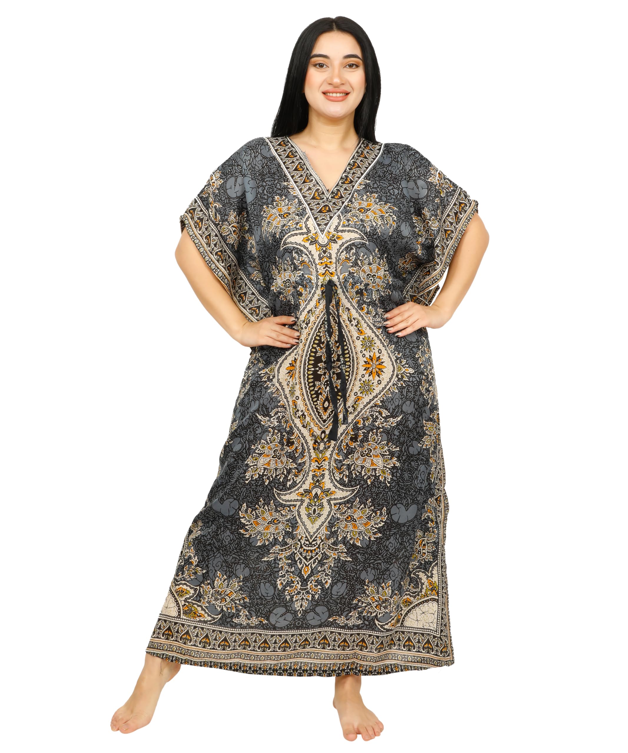 Shyamvun Women's Grey Kaftan For | Kaftan Dresses Full Length Maxi Dress Free Size | Kimono Style Caftan Tunic For Beach, Holiday, Party, Nightwear & Loungewear | Lightweight Relaxed Fit (Grey)